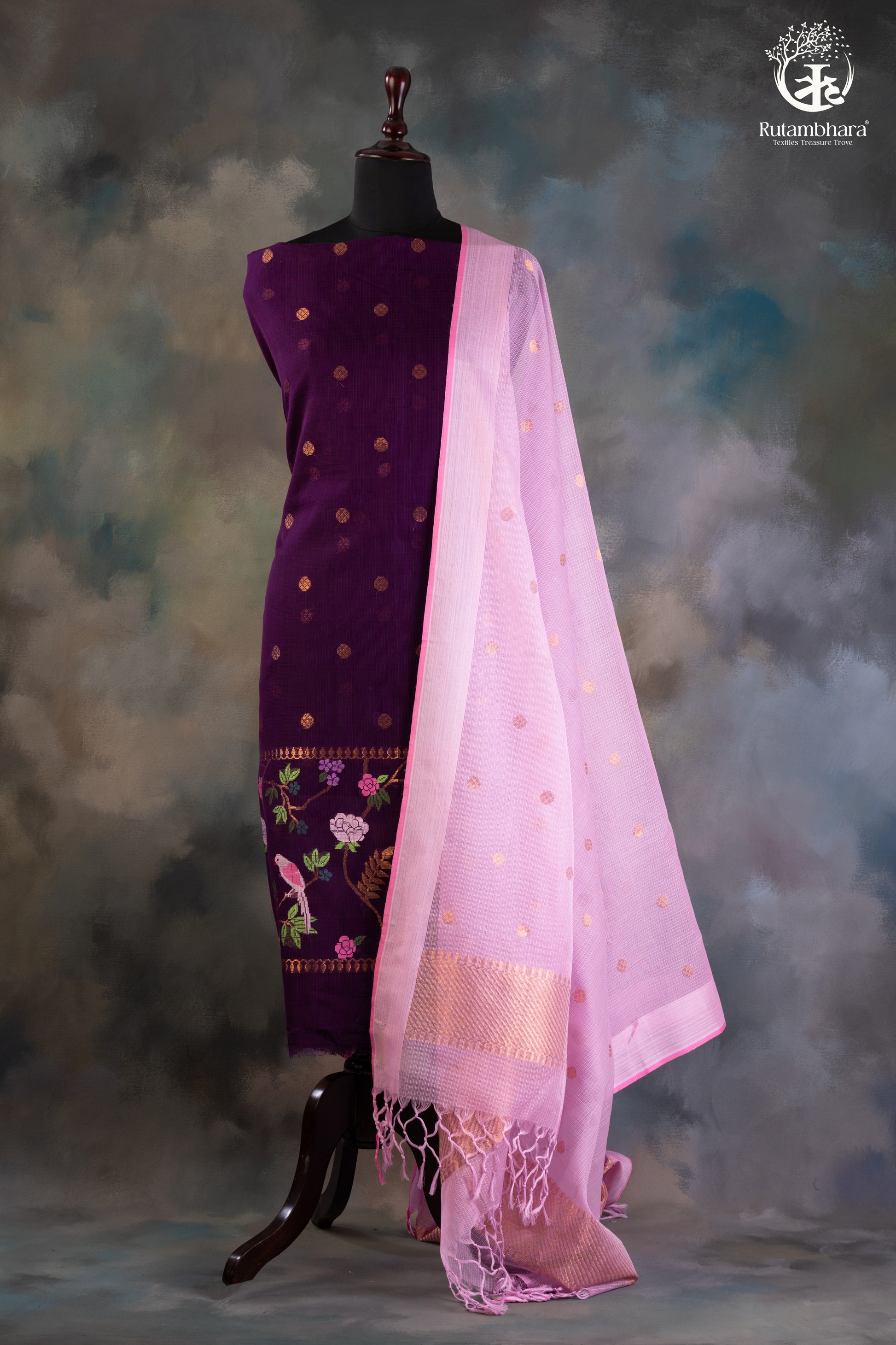 Doria Suit Set with Bird & Floral Embroidery-RUTAMBHARA-RUTAMBHARA