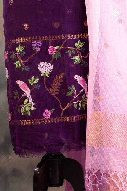 Doria Suit Set with Bird & Floral Embroidery-RUTAMBHARA-RUTAMBHARA