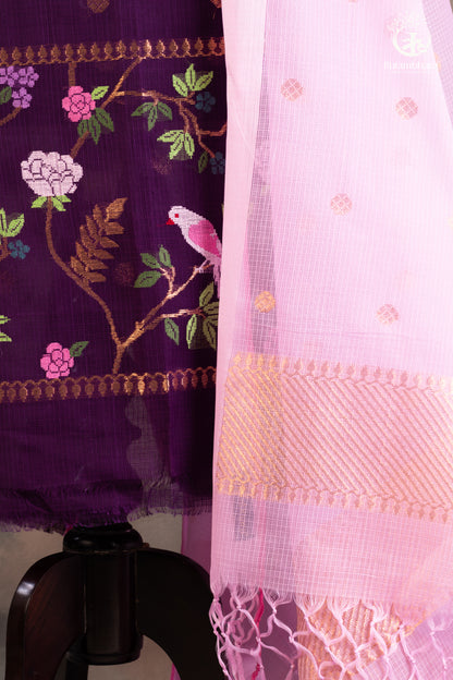 Doria Suit Set with Bird & Floral Embroidery-RUTAMBHARA-RUTAMBHARA