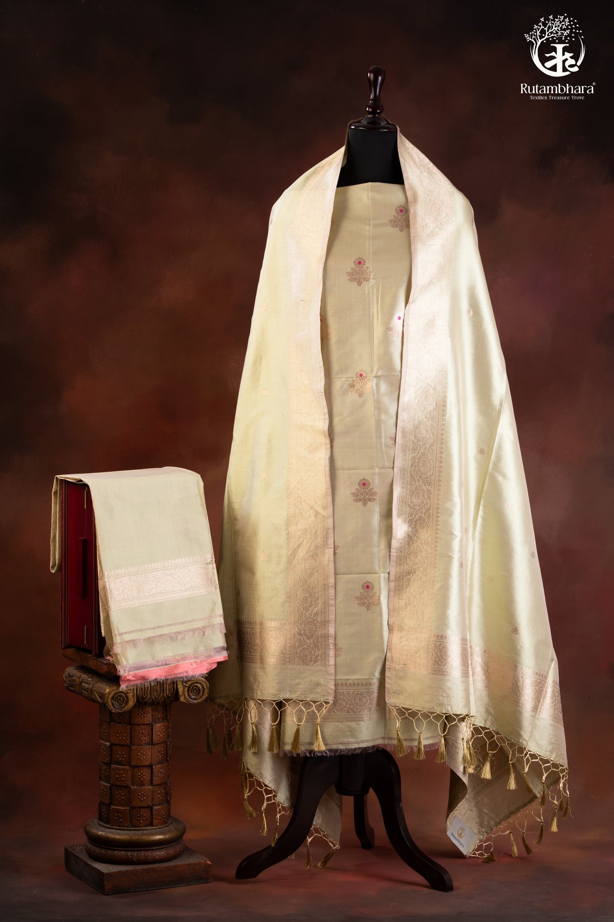 Noushk - Pastel Sage Green Handwoven Pure Katan Silk Banarasi Full Suit                                                                         "