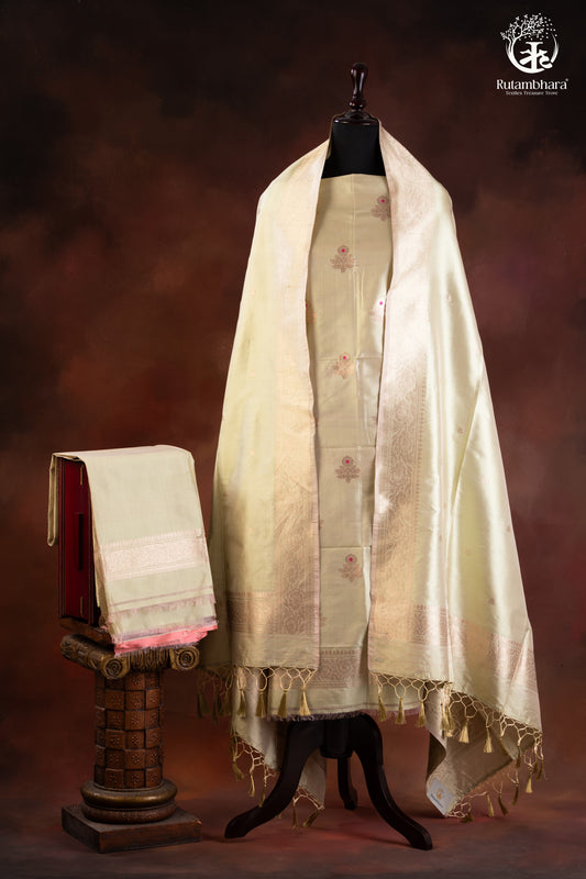 Noushk - Pastel Sage Green Handwoven Pure Katan Silk Banarasi Full Suit                                                                         "