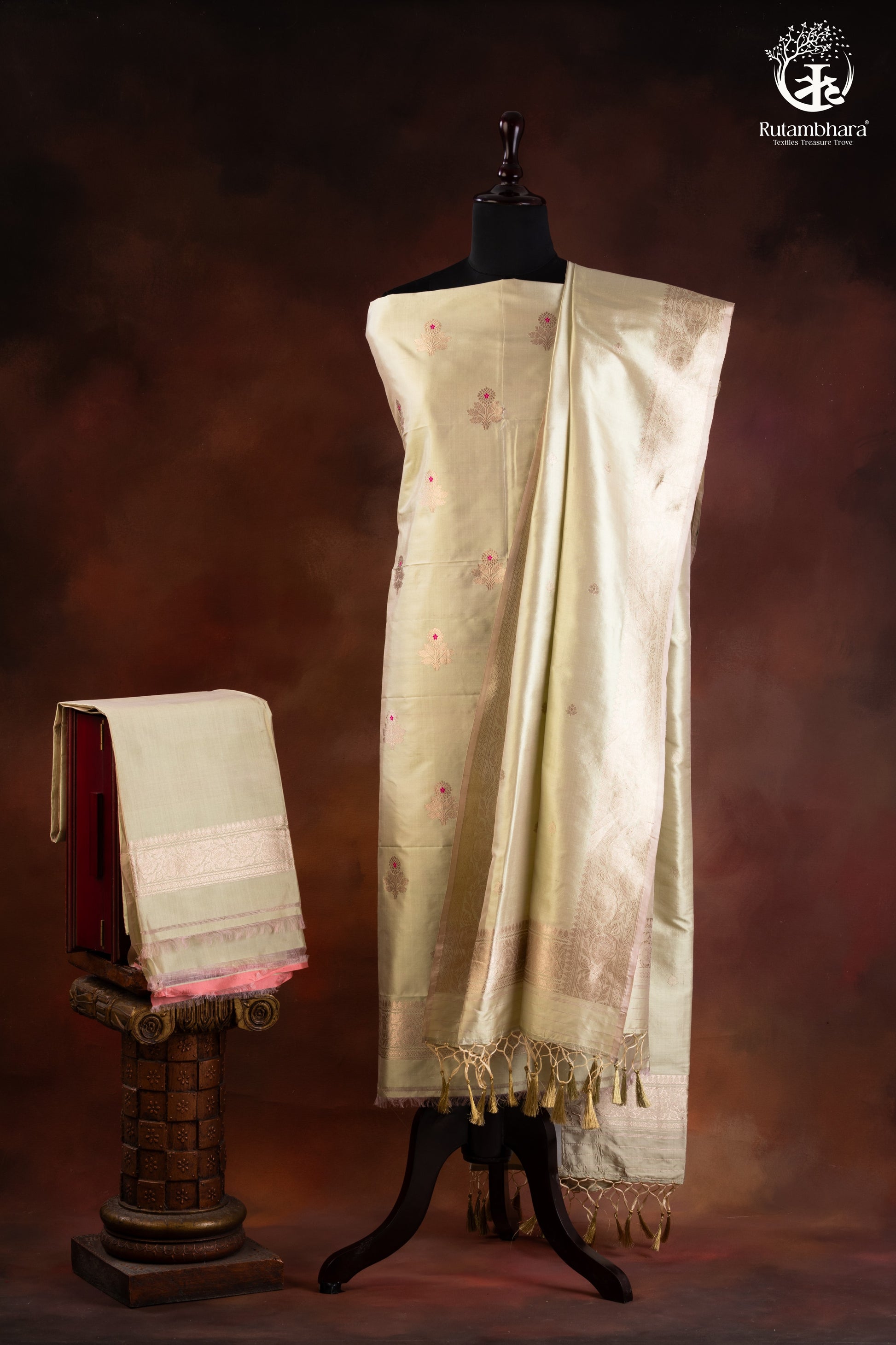 Noushk - Pastel Sage Green Handwoven Pure Katan Silk Banarasi Full Suit "-RUTAMBHARA-RUTAMBHARA