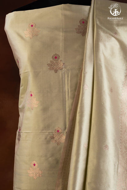 Noushk - Pastel Sage Green Handwoven Pure Katan Silk Banarasi Full Suit "-RUTAMBHARA-RUTAMBHARA