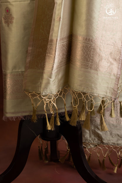 Noushk - Pastel Sage Green Handwoven Pure Katan Silk Banarasi Full Suit "-RUTAMBHARA-RUTAMBHARA