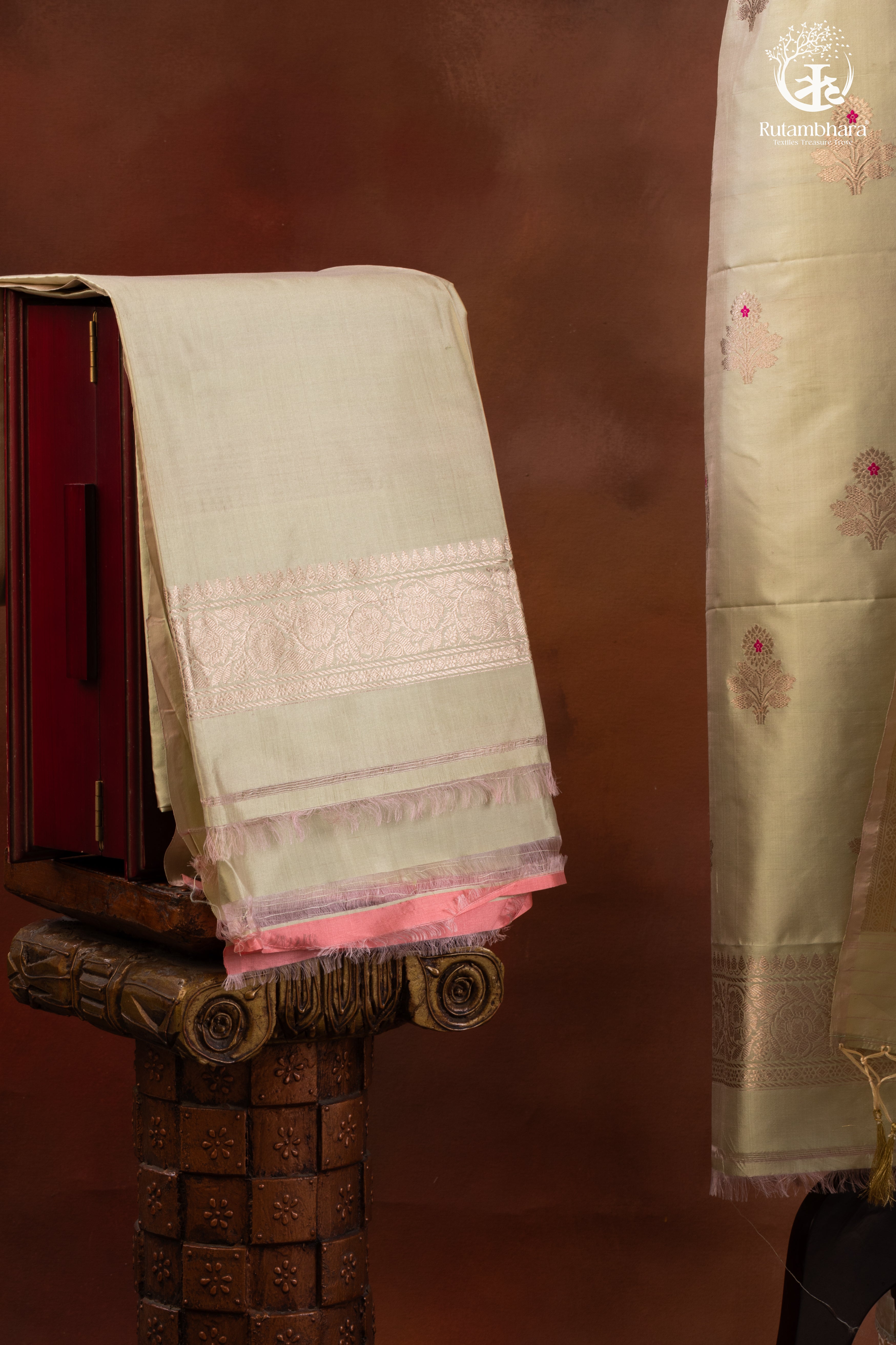 Noushk - Pastel Sage Green Handwoven Pure Katan Silk Banarasi Full Suit                                                                         "