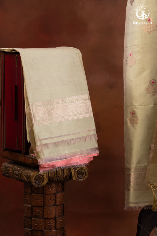 Noushk - Pastel Sage Green Handwoven Pure Katan Silk Banarasi Full Suit "-RUTAMBHARA-RUTAMBHARA