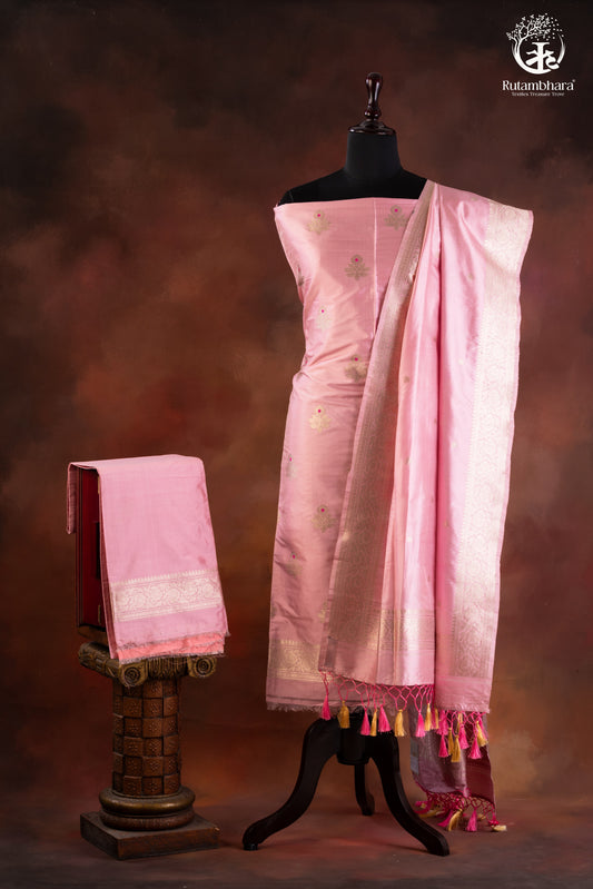 Noushk - Pastel Pink Handwoven Pure Katan Silk Banarasi Full Suit