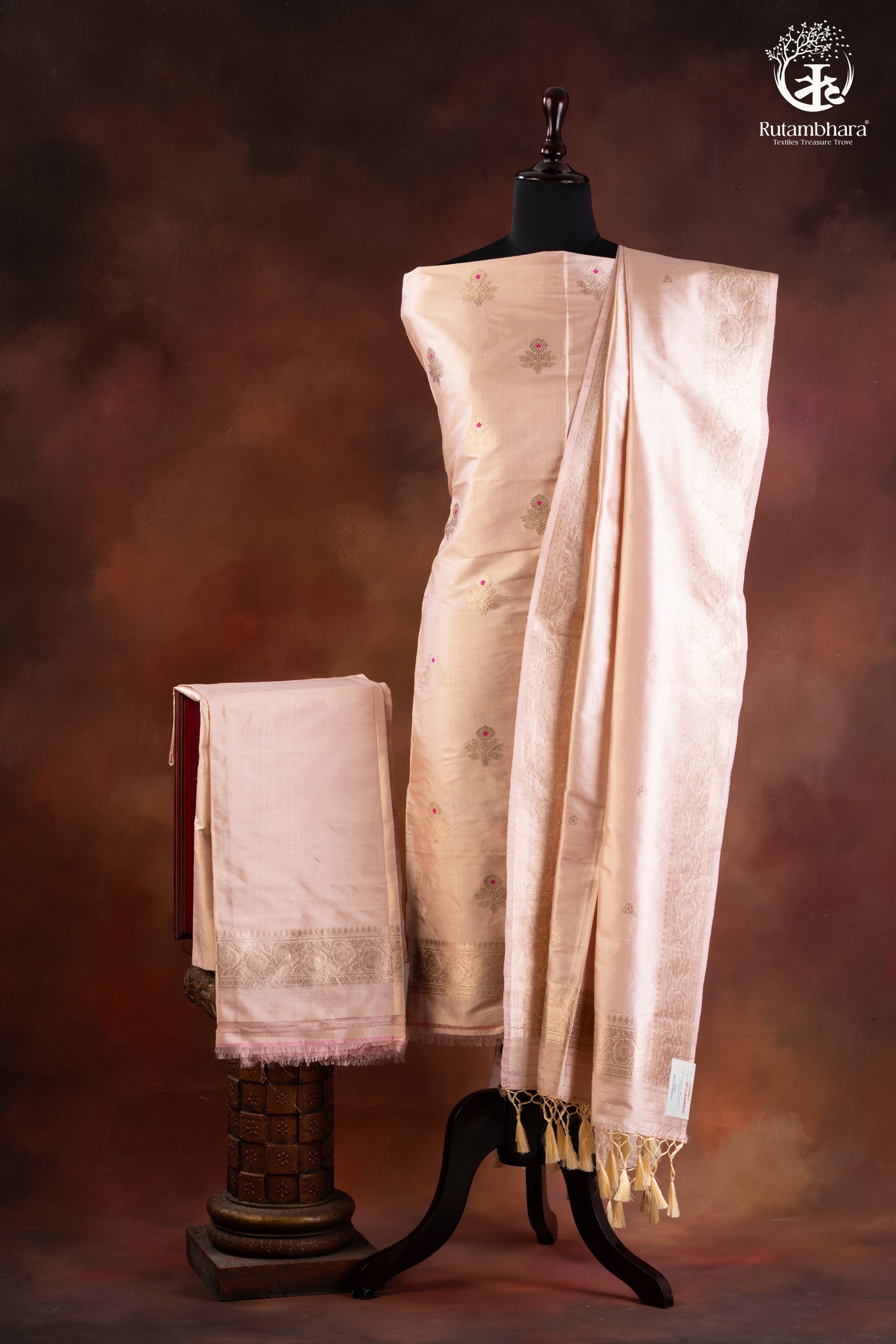 Noushk - Pastel Water Pink Handwoven Pure Katan Silk Banarasi Full Suit "-RUTAMBHARA-RUTAMBHARA