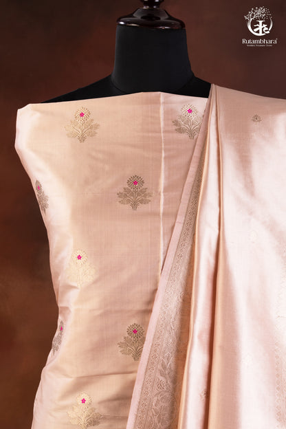 Noushk - Pastel Water Pink Handwoven Pure Katan Silk Banarasi Full Suit "-RUTAMBHARA-RUTAMBHARA