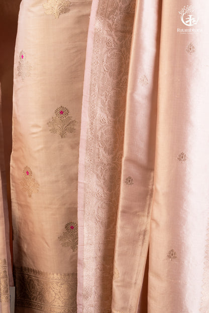 Noushk - Pastel Water Pink Handwoven Pure Katan Silk Banarasi Full Suit "-RUTAMBHARA-RUTAMBHARA