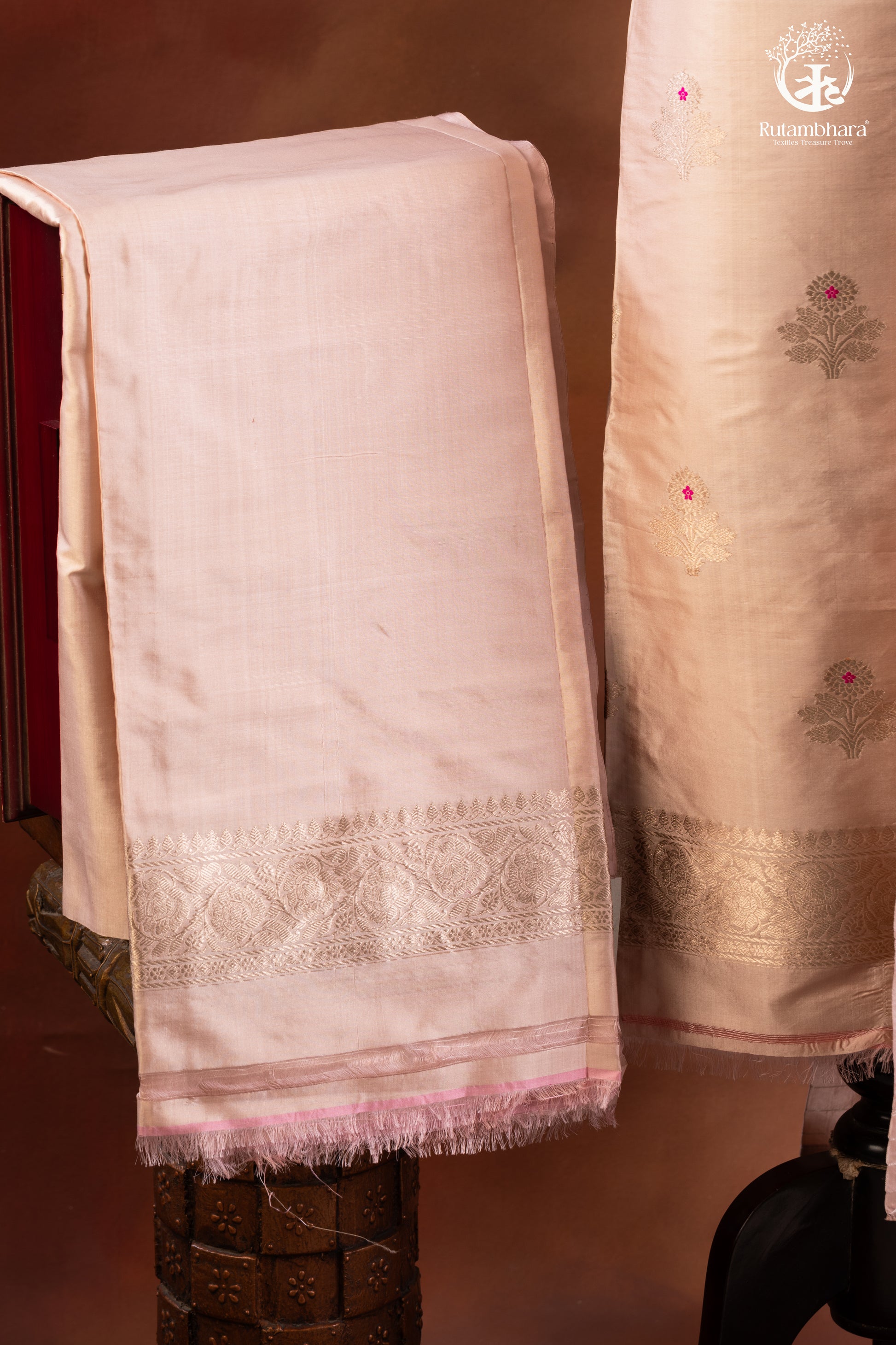 Noushk - Pastel Water Pink Handwoven Pure Katan Silk Banarasi Full Suit "-RUTAMBHARA-RUTAMBHARA