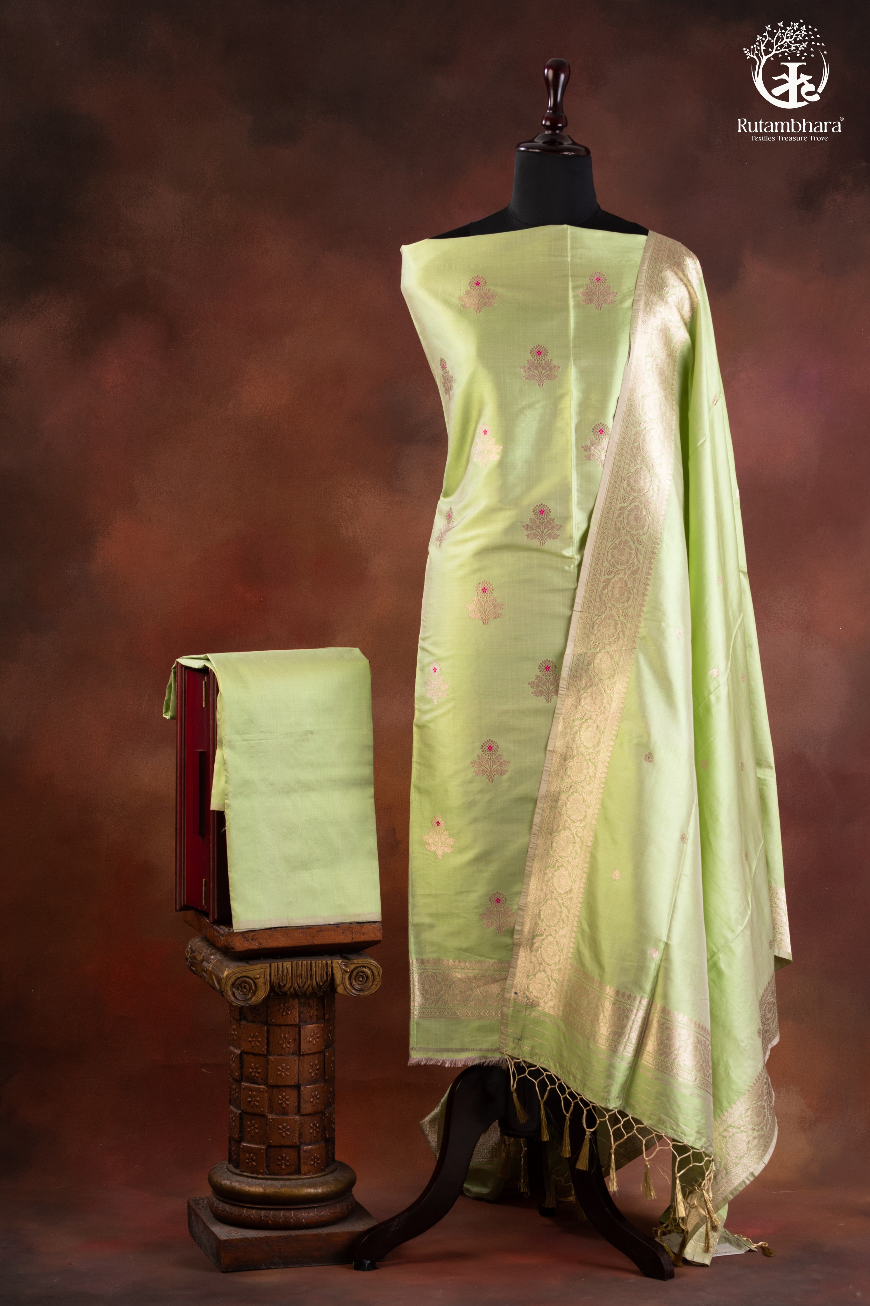 Noushk - Pastel Green Handwoven Pure Katan Silk Banarasi Full Suit
