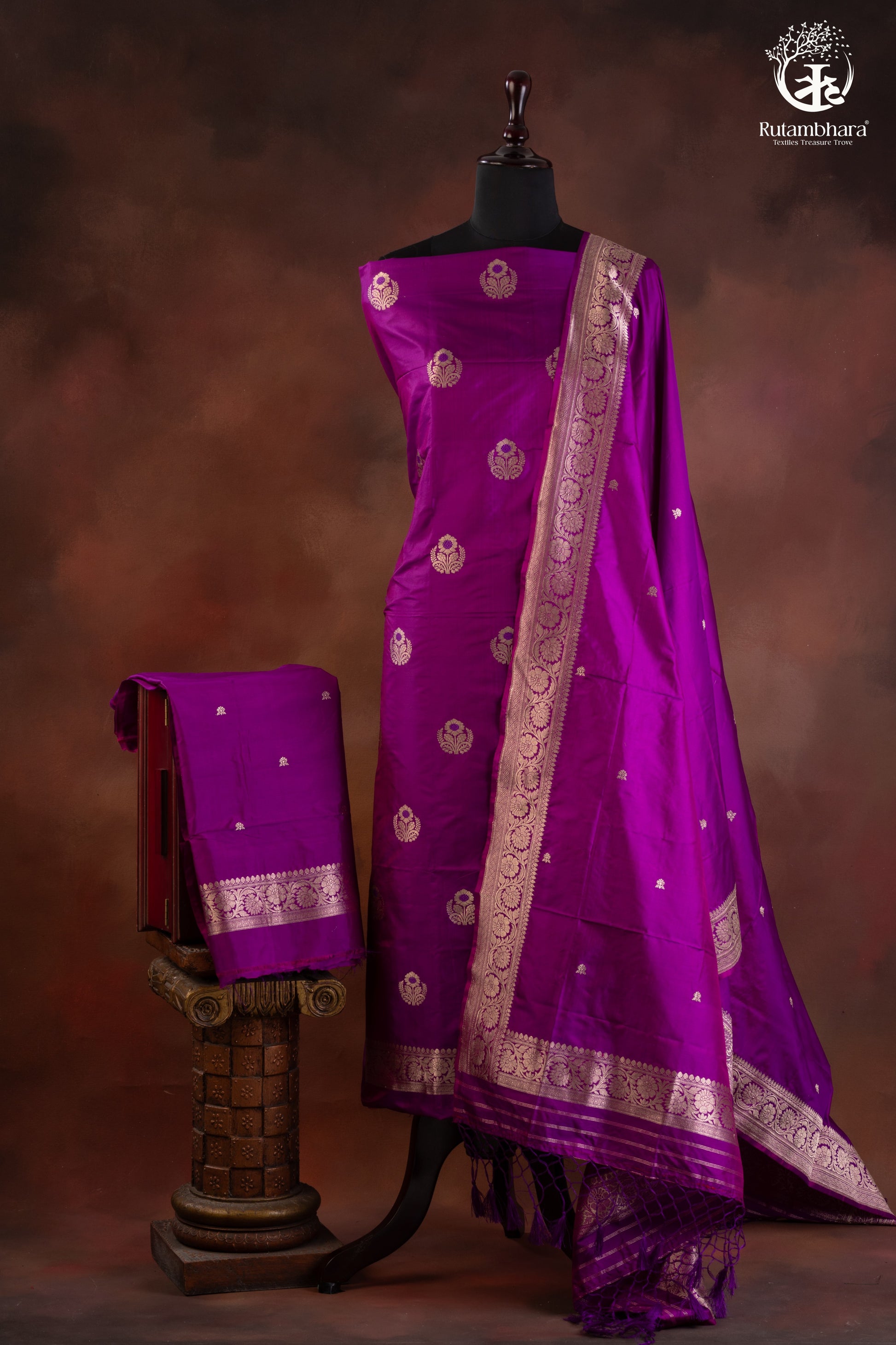 "Noushk - Purple Meenakari Buta Handwoven Pure Katan Silk Banarasi Full Suit "-RUTAMBHARA-RUTAMBHARA