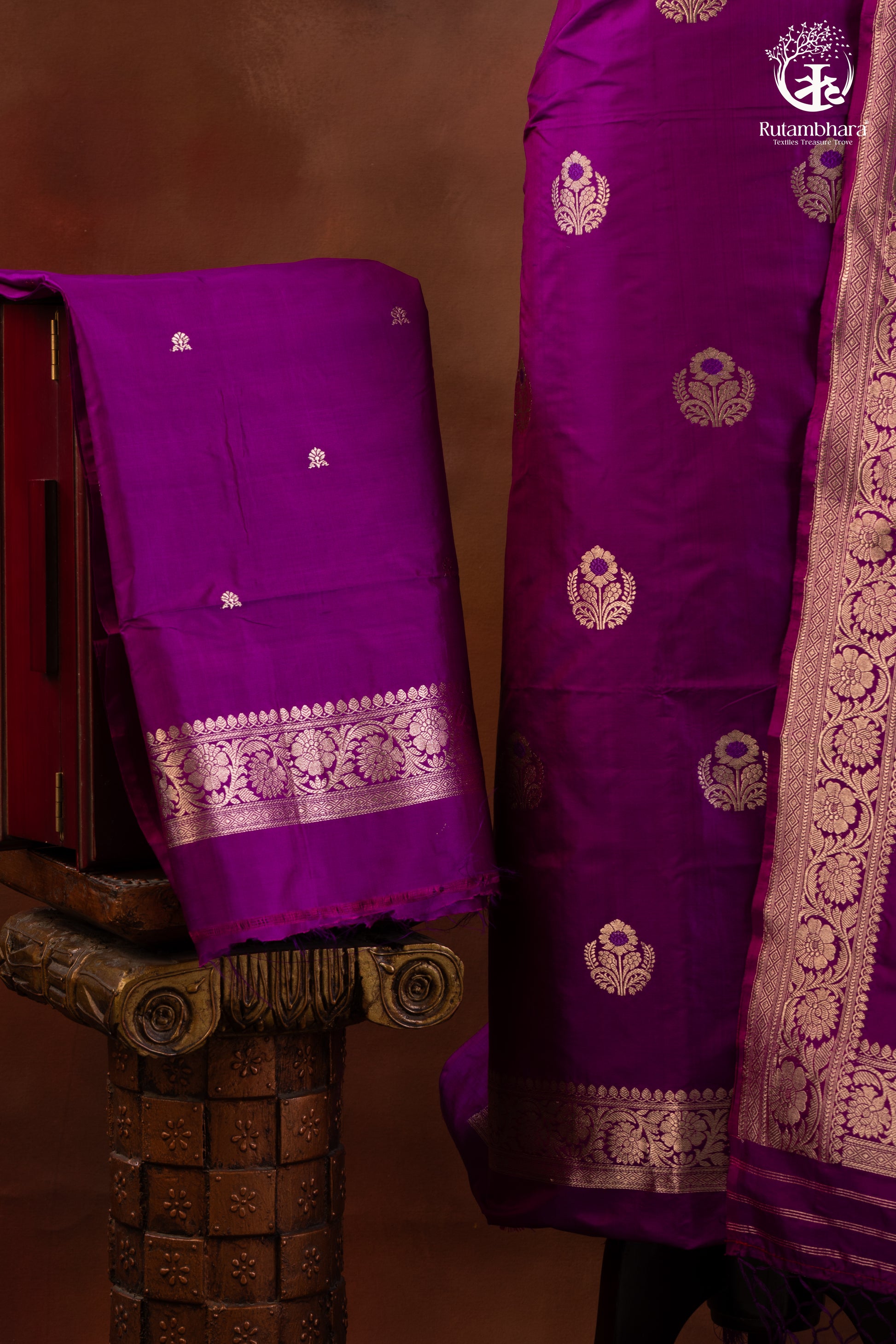 "Noushk - Purple Meenakari Buta Handwoven Pure Katan Silk Banarasi Full Suit "-RUTAMBHARA-RUTAMBHARA