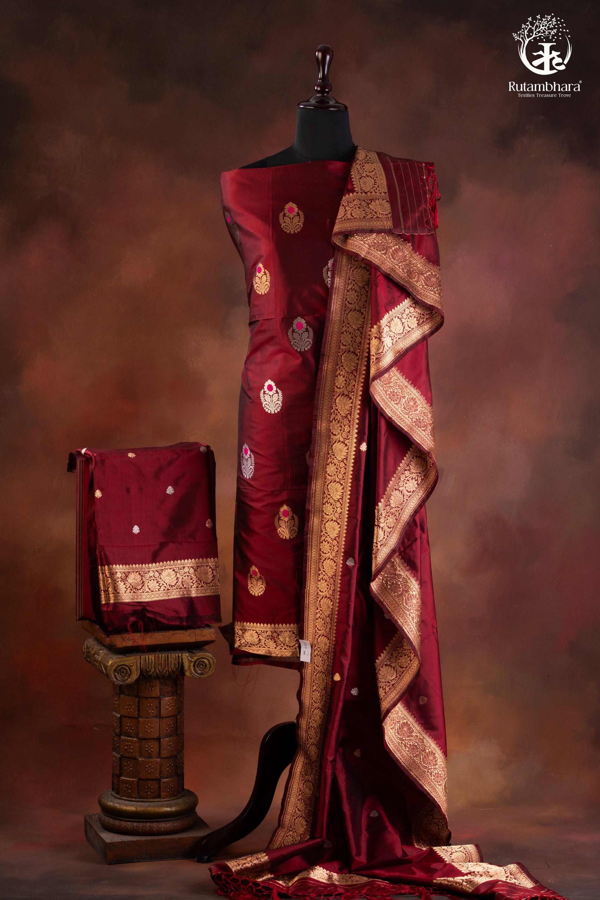Noushk - Maroon Meenakari Buta Handwoven Pure Katan Silk Banarasi Full Suit-RUTAMBHARA-RUTAMBHARA