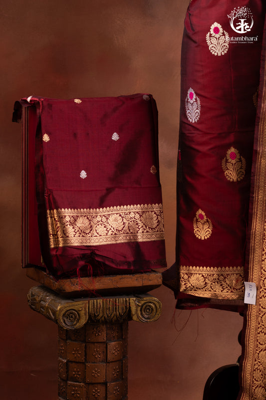 Noushk - Maroon Meenakari Buta Handwoven Pure Katan Silk Banarasi Full Suit-RUTAMBHARA-RUTAMBHARA
