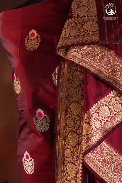 Noushk - Maroon Meenakari Buta Handwoven Pure Katan Silk Banarasi Full Suit-RUTAMBHARA-RUTAMBHARA