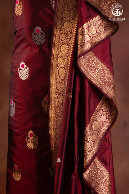 Noushk - Maroon Meenakari Buta Handwoven Pure Katan Silk Banarasi Full Suit-RUTAMBHARA-RUTAMBHARA