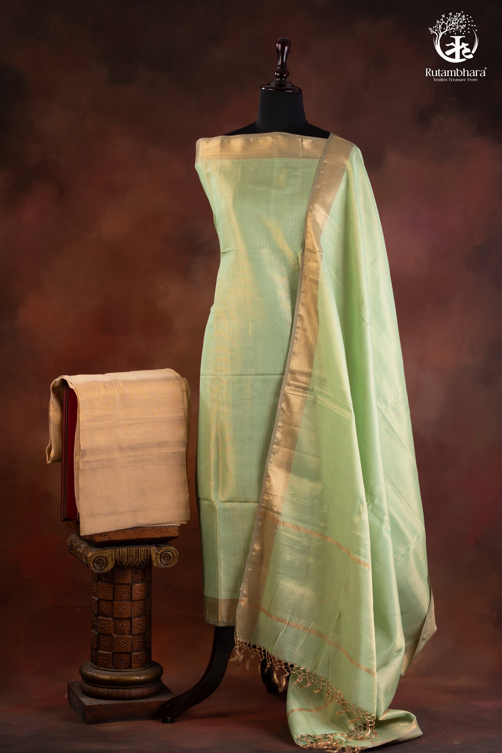 Sage Green Handwoven Maheshwari Zari Tissue Suit Set-RUTAMBHARA-RUTAMBHARA