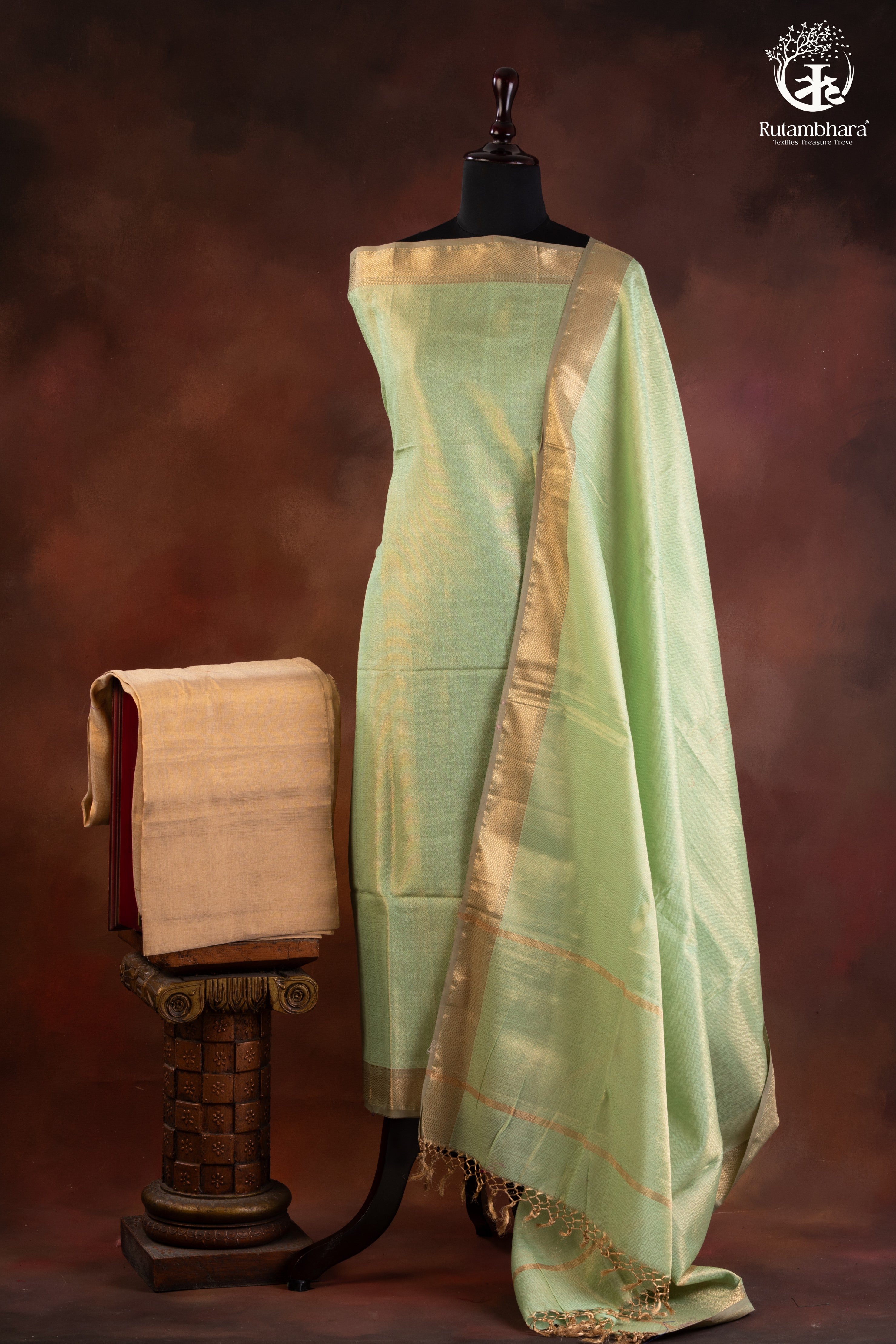 Handwoven Maheshwari Zari Tissue Suit Set with Gold Chanderi Elegance