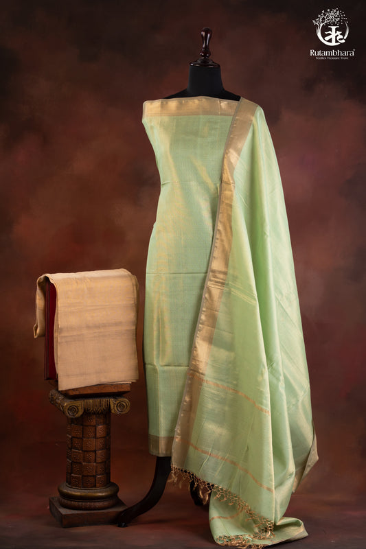 Handwoven Maheshwari Zari Tissue Suit Set with Gold Chanderi Elegance
