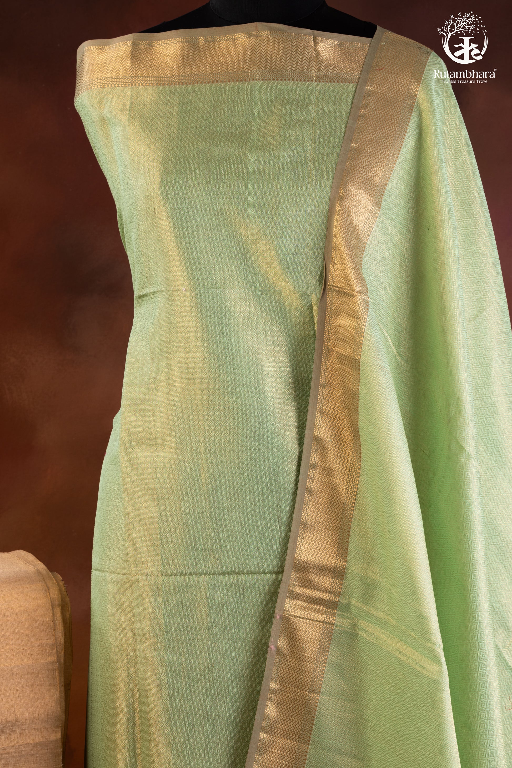 Sage Green Handwoven Maheshwari Zari Tissue Suit Set-RUTAMBHARA-RUTAMBHARA