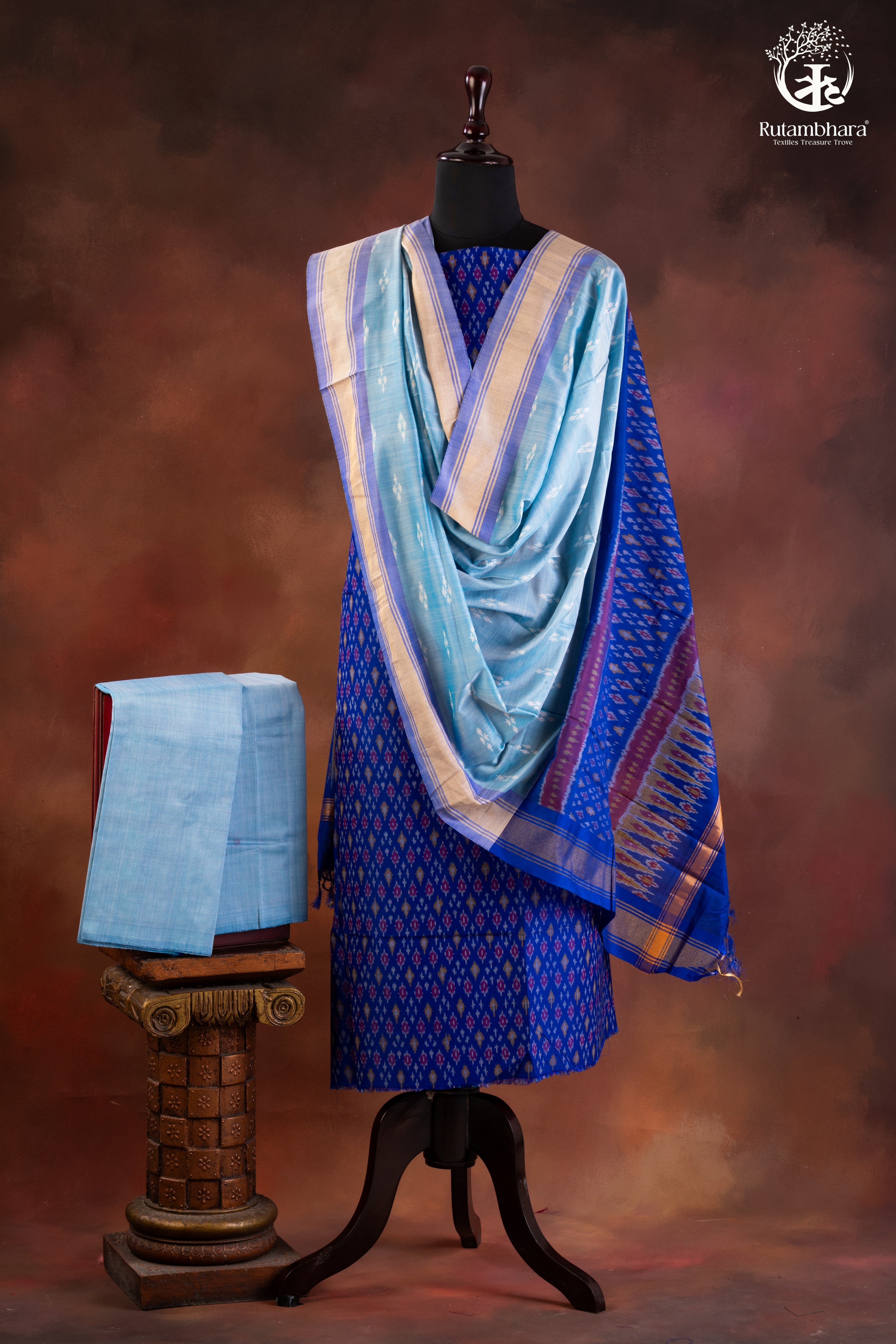 Royal Blue Ikat Handwoven Suit Set with Light Blue Dupatta