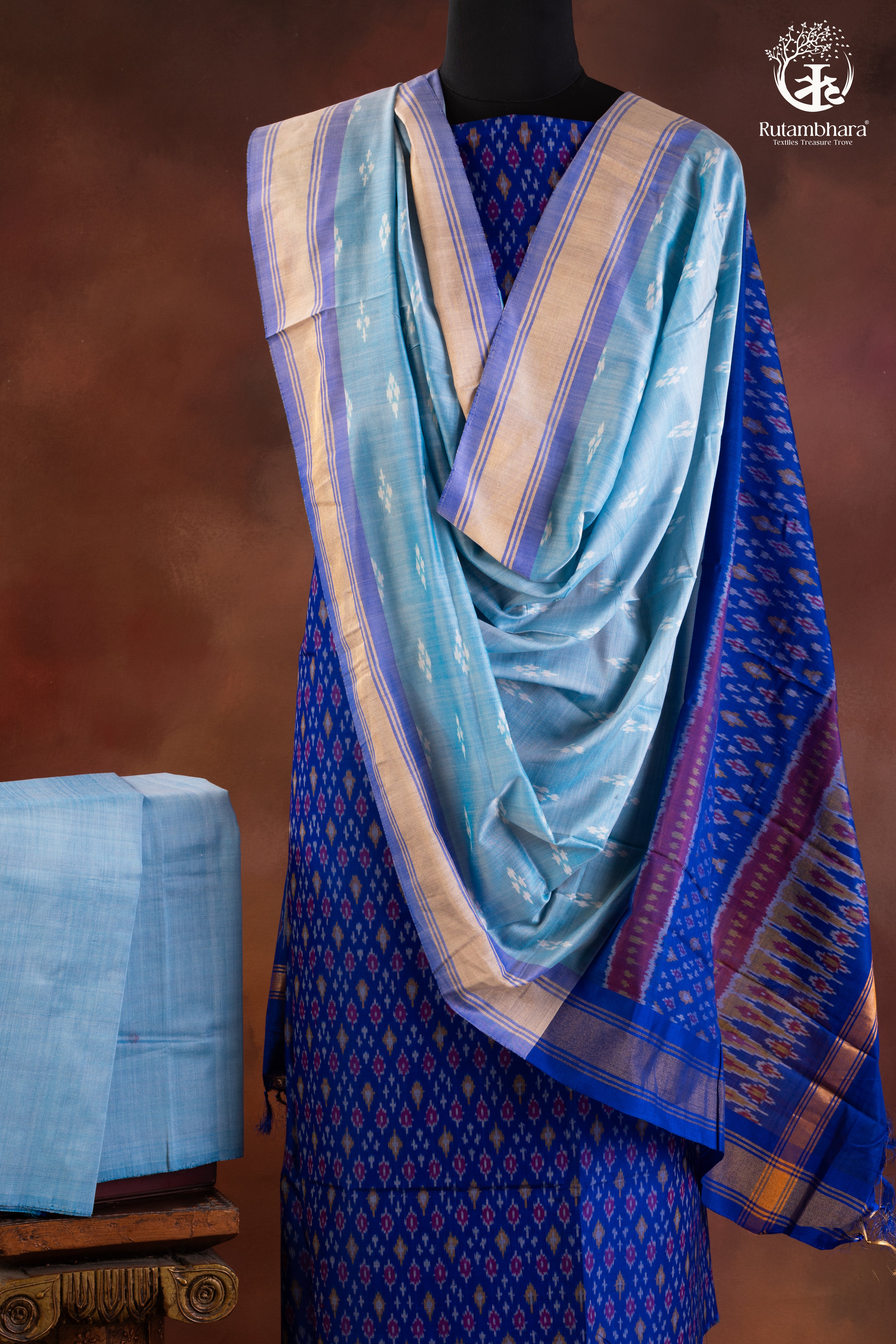 Royal Blue Ikat Handwoven Suit Set with Light Blue Dupatta