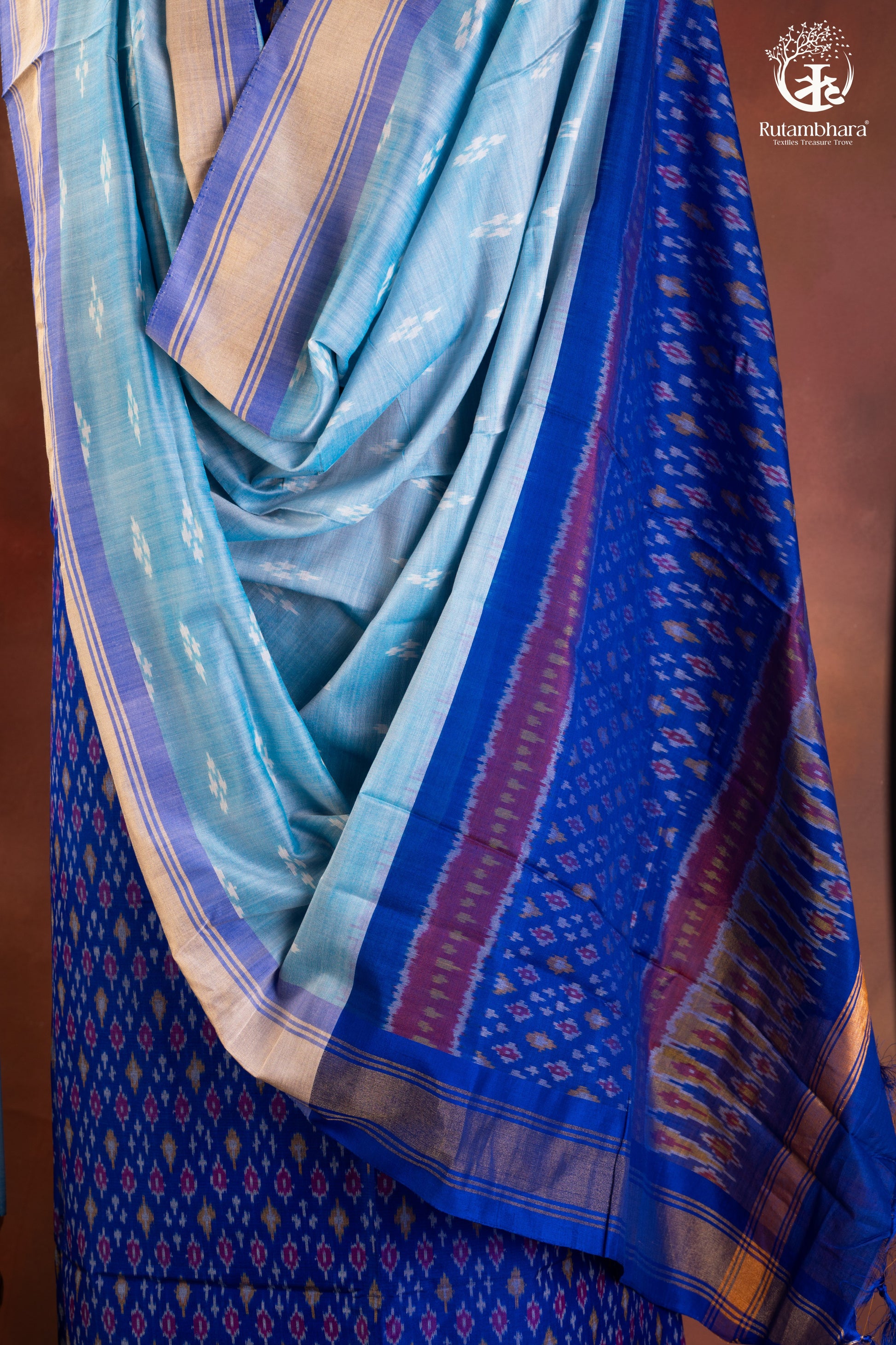 Royal Blue Ikat Handwoven Suit Set with Light Blue Dupatta-RUTAMBHARA-RUTAMBHARA
