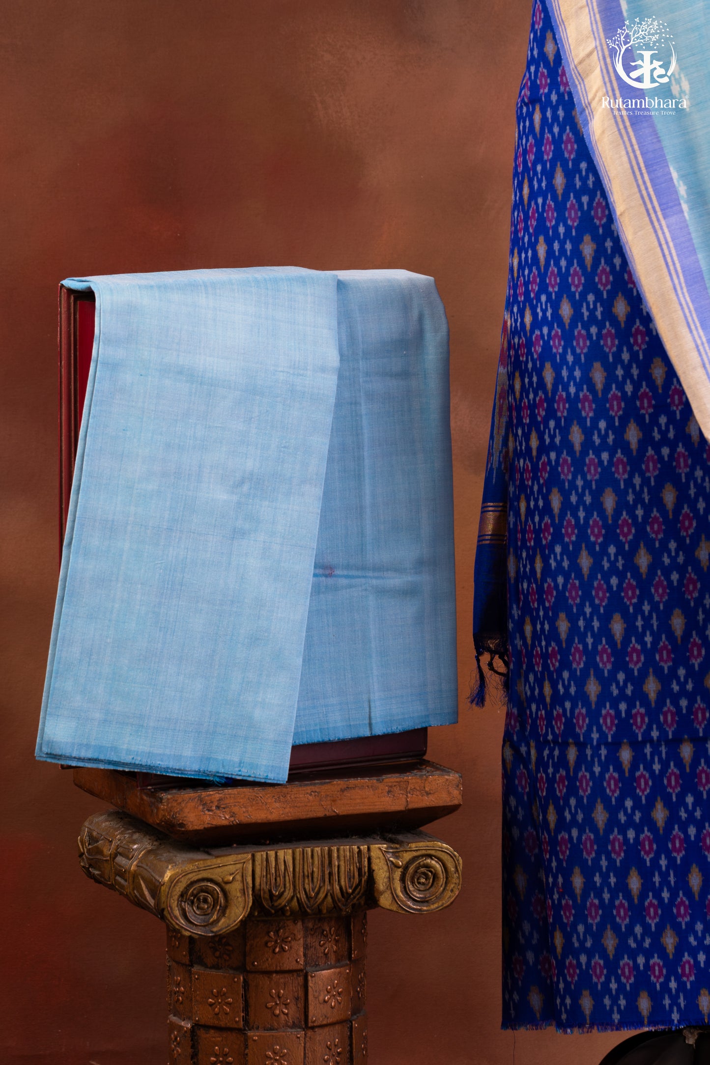 Royal Blue Ikat Handwoven Suit Set with Light Blue Dupatta
