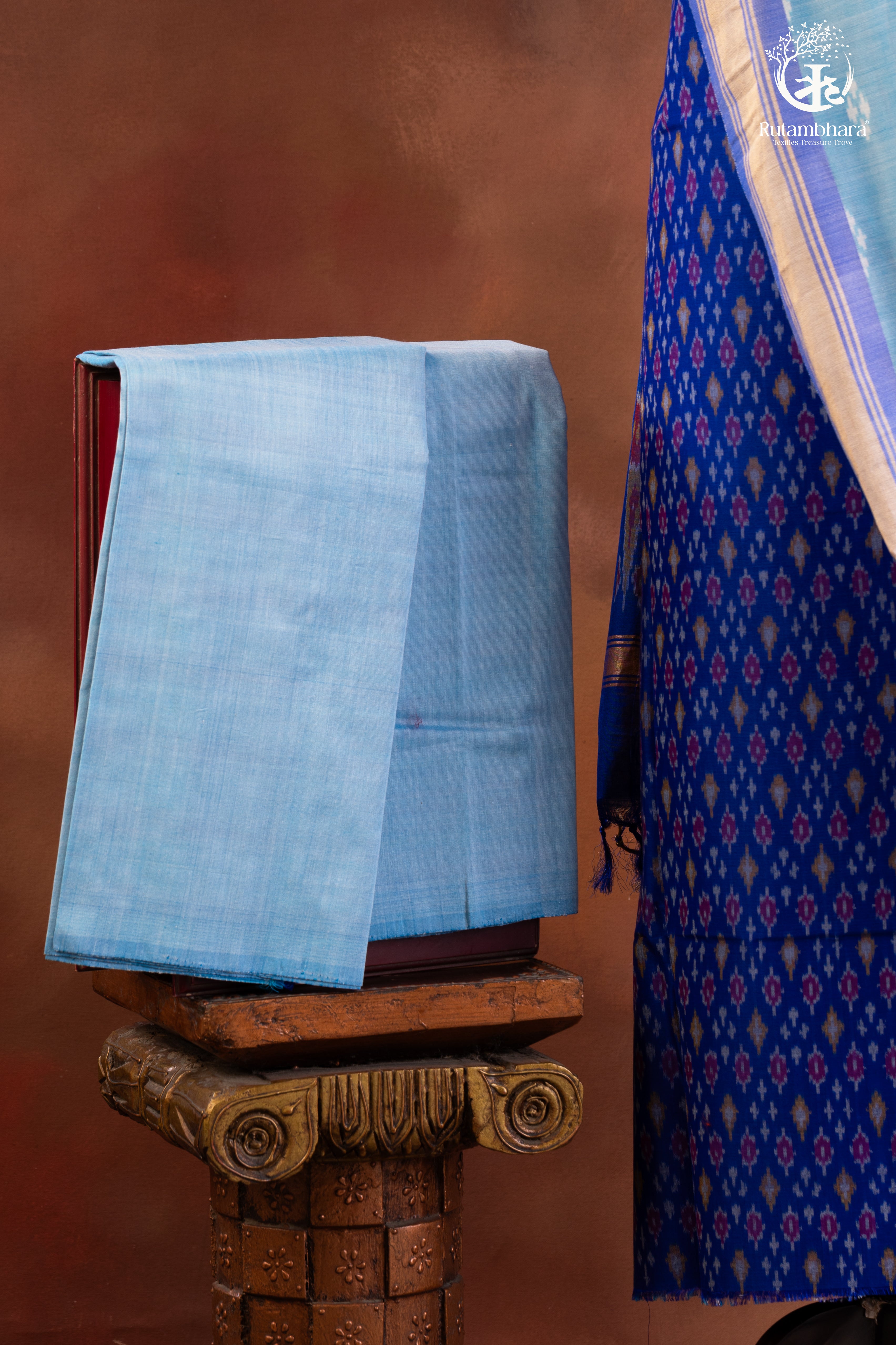 Royal Blue Ikat Handwoven Suit Set with Light Blue Dupatta