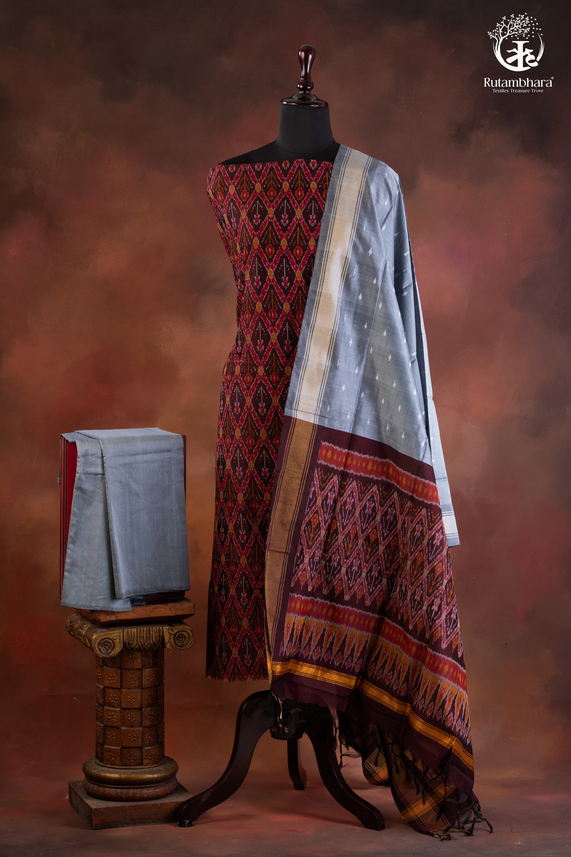 Handwoven Ikat Silk & Mercerised Cotton Suit Set-RUTAMBHARA-RUTAMBHARA