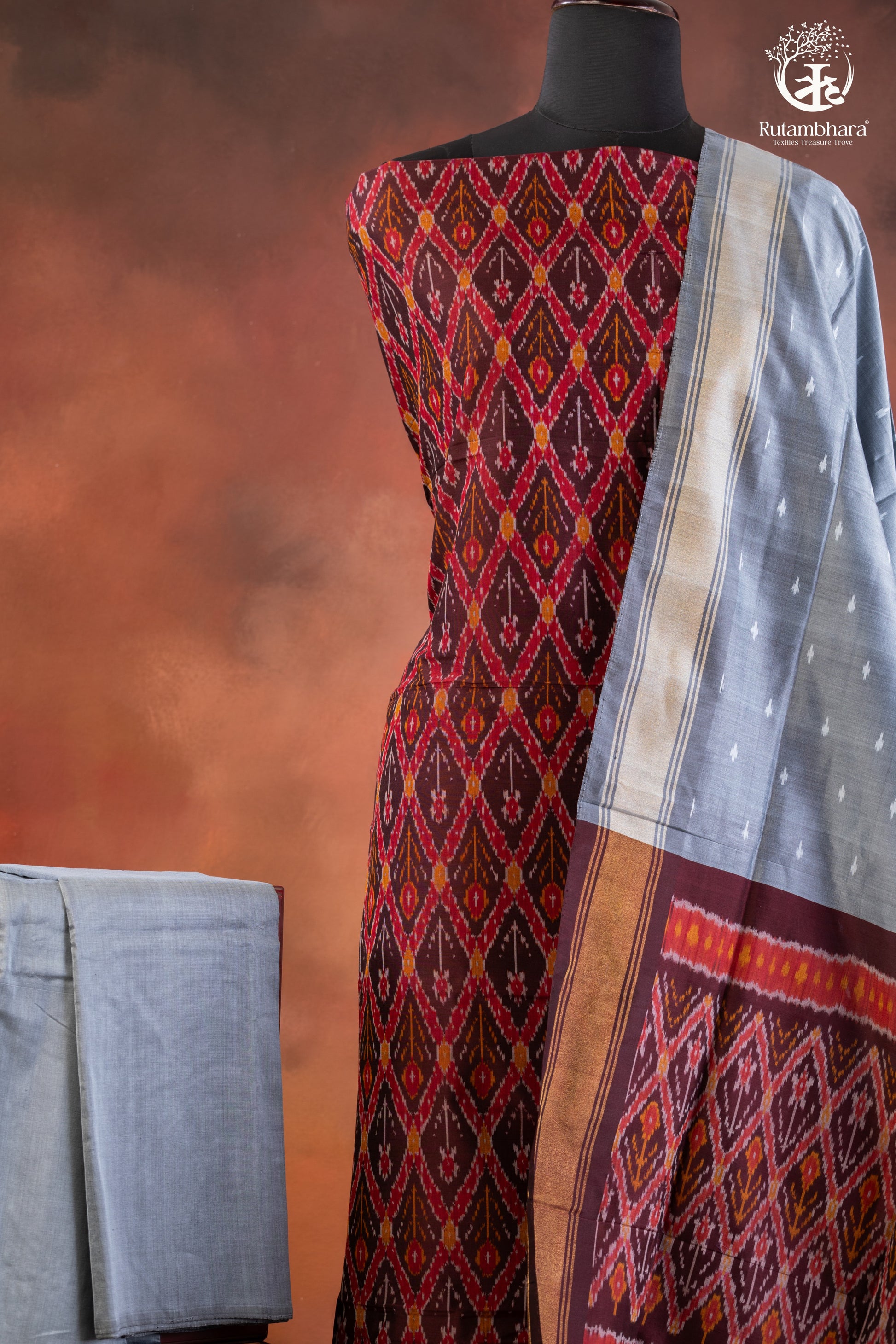 Handwoven Ikat Silk & Mercerised Cotton Suit Set-RUTAMBHARA-RUTAMBHARA