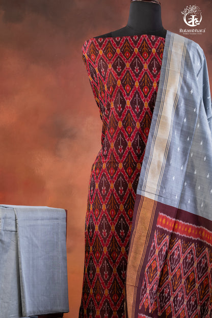 Handwoven Ikat Silk & Mercerised Cotton Suit Set-RUTAMBHARA-RUTAMBHARA