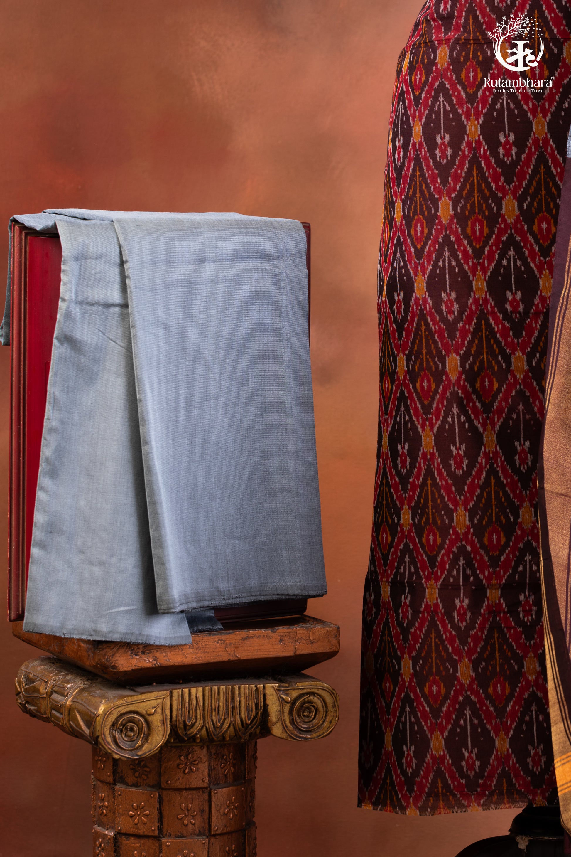 Handwoven Ikat Silk & Mercerised Cotton Suit Set-RUTAMBHARA-RUTAMBHARA