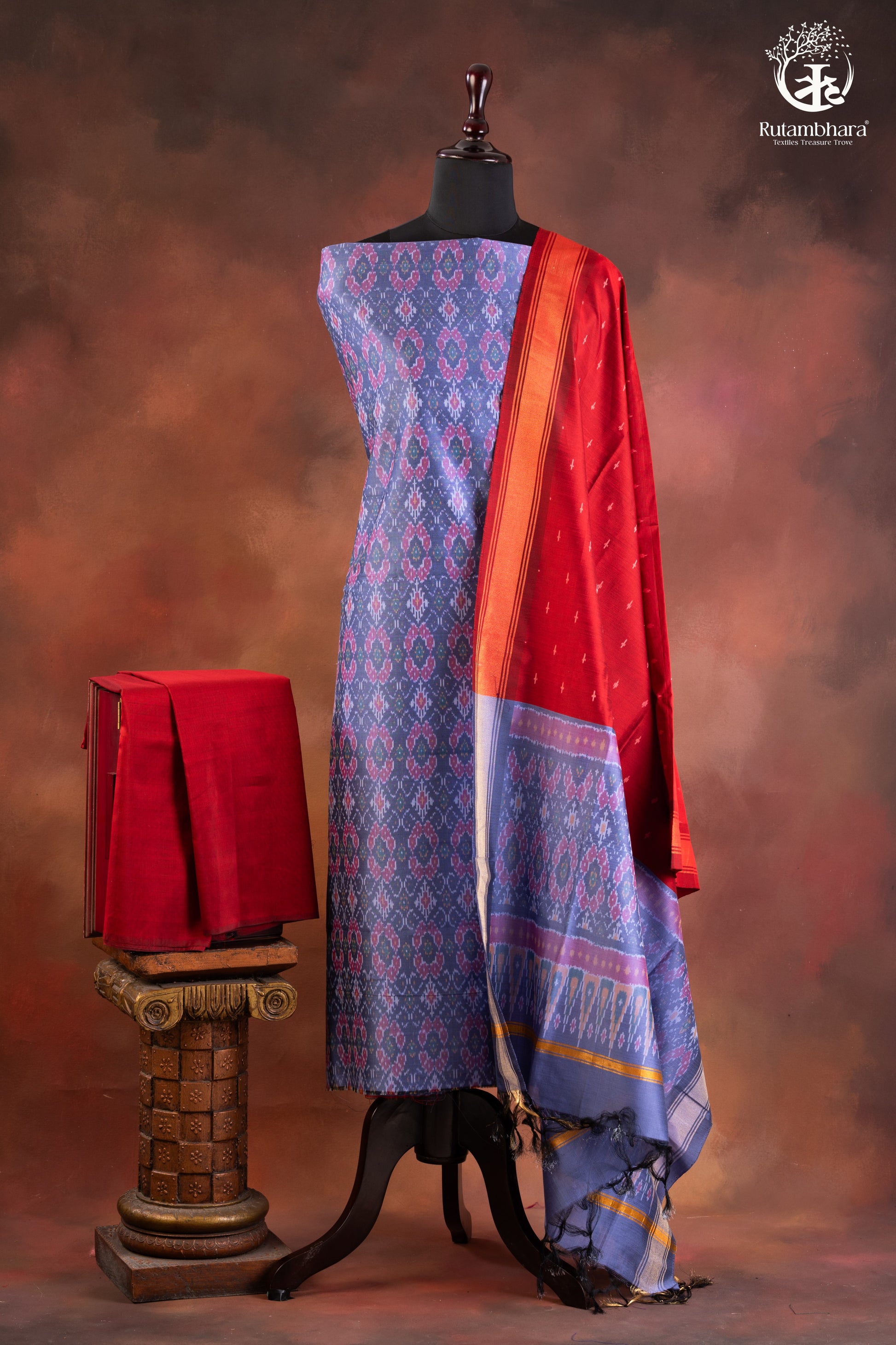 Lavender Ikat Silk Cotton Suit Set with Red & Blue Dupatta-RUTAMBHARA-RUTAMBHARA