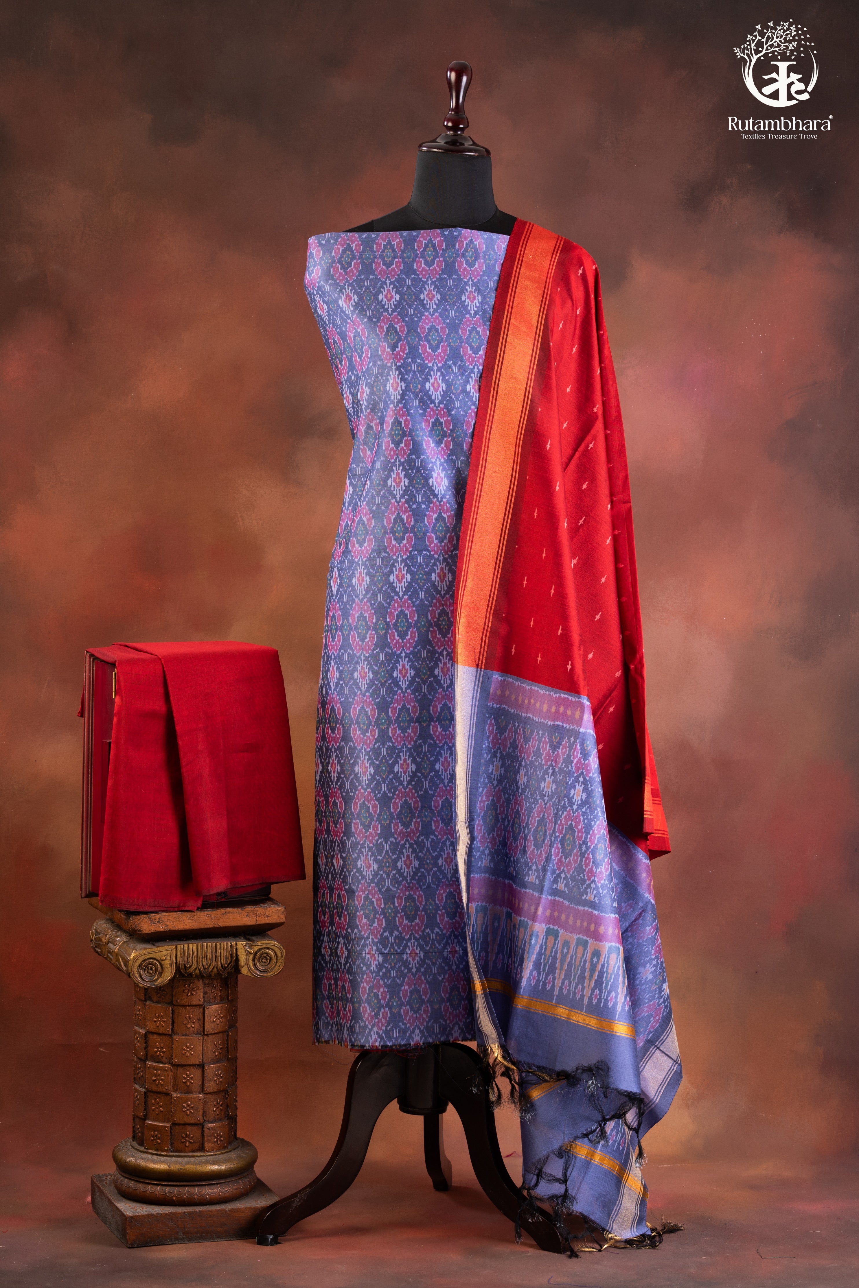 Lavender Ikat Silk Cotton Suit Set with Red & Blue Dupatta