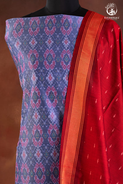 Lavender Ikat Silk Cotton Suit Set with Red & Blue Dupatta-RUTAMBHARA-RUTAMBHARA