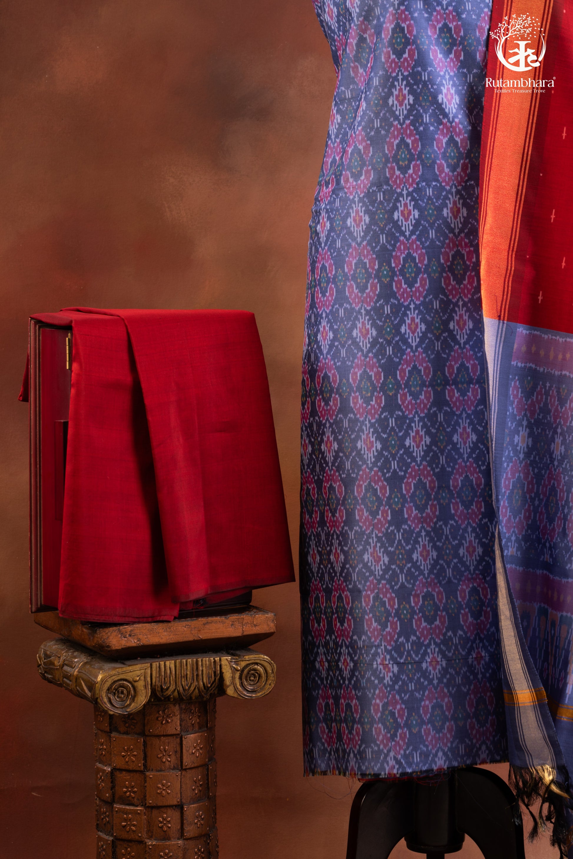 Lavender Ikat Silk Cotton Suit Set with Red & Blue Dupatta-RUTAMBHARA-RUTAMBHARA