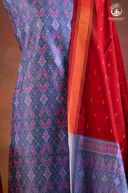 Lavender Ikat Silk Cotton Suit Set with Red & Blue Dupatta-RUTAMBHARA-RUTAMBHARA
