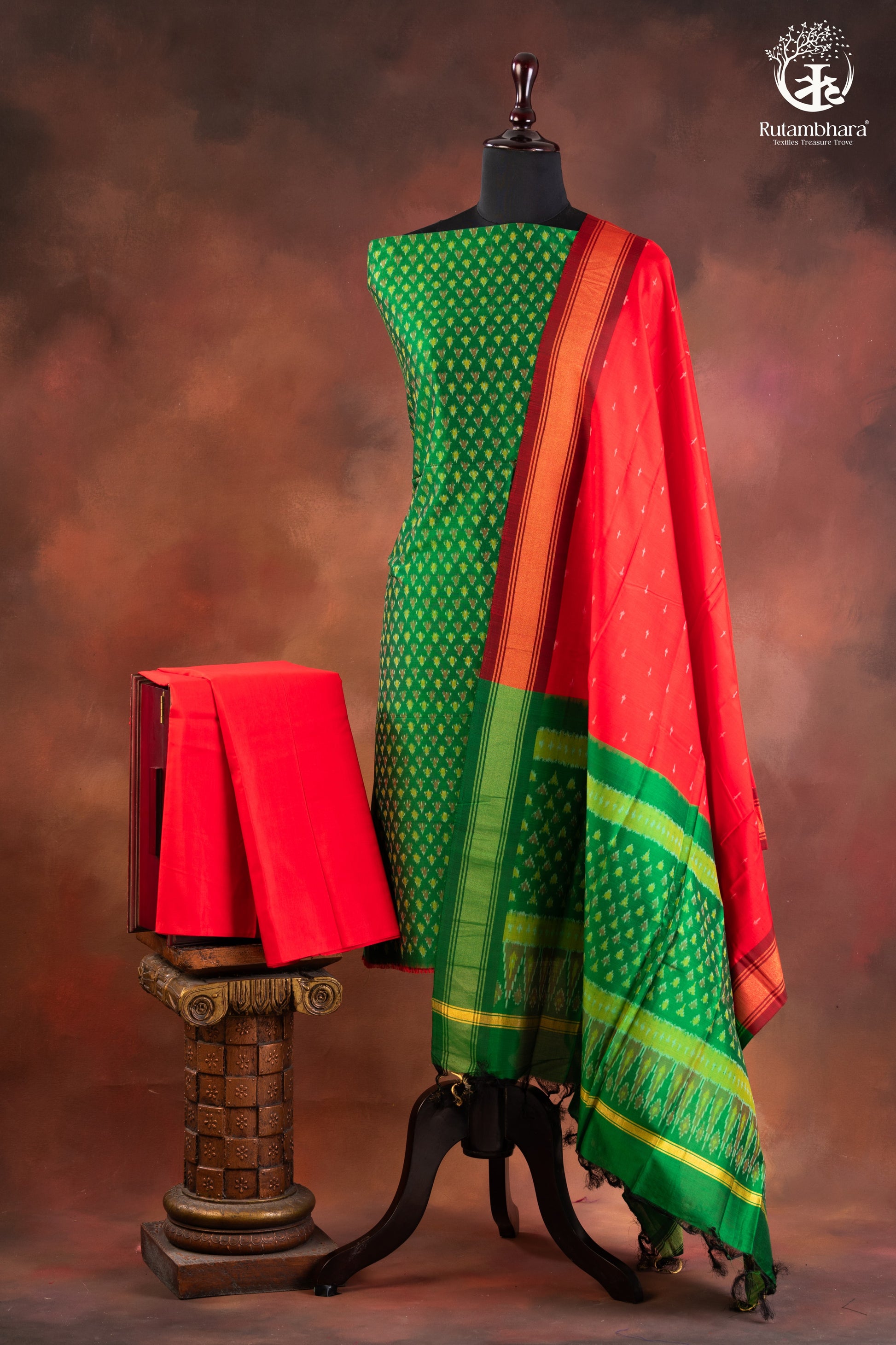 Green Ikat silk Cotton Suit Set with Contrasting Red Dupatta-RUTAMBHARA-RUTAMBHARA