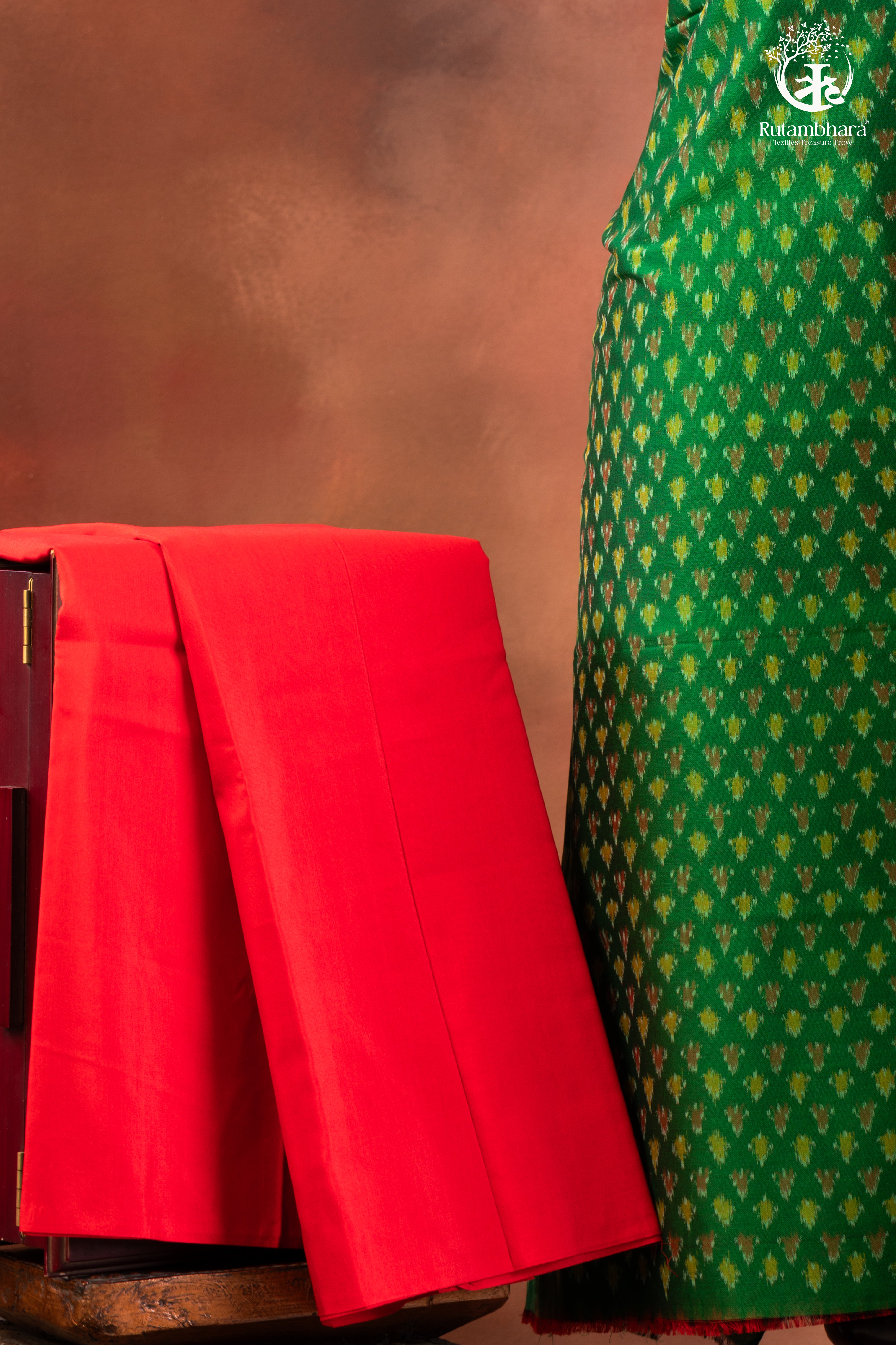 Green Ikat silk Cotton Suit Set with Contrasting Red Dupatta