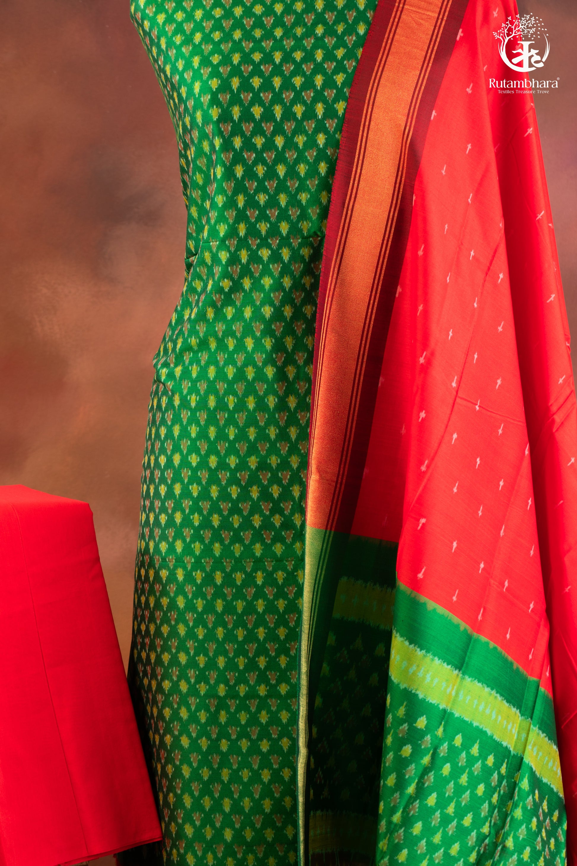 Green Ikat silk Cotton Suit Set with Contrasting Red Dupatta-RUTAMBHARA-RUTAMBHARA