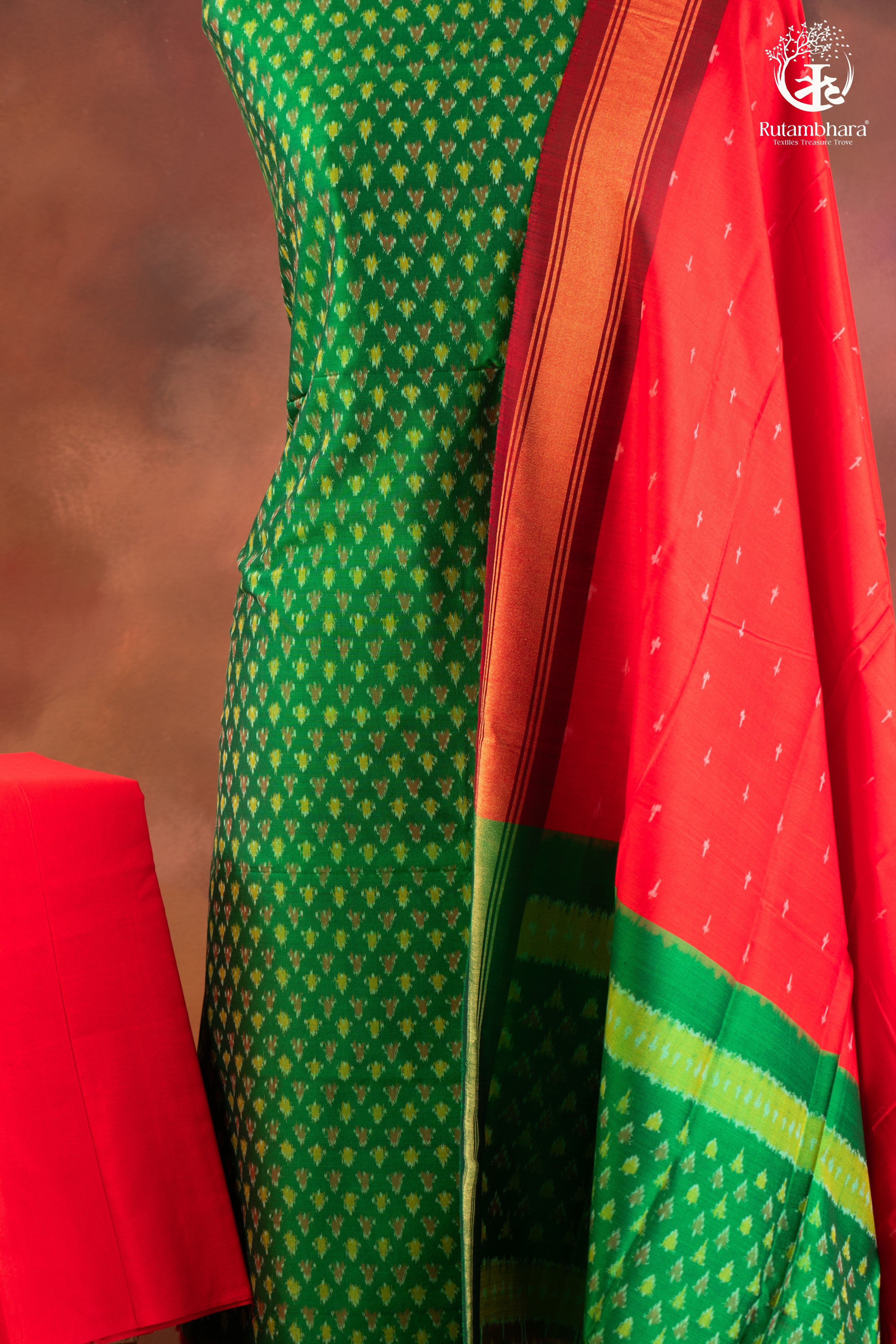 Green Ikat silk Cotton Suit Set with Contrasting Red Dupatta