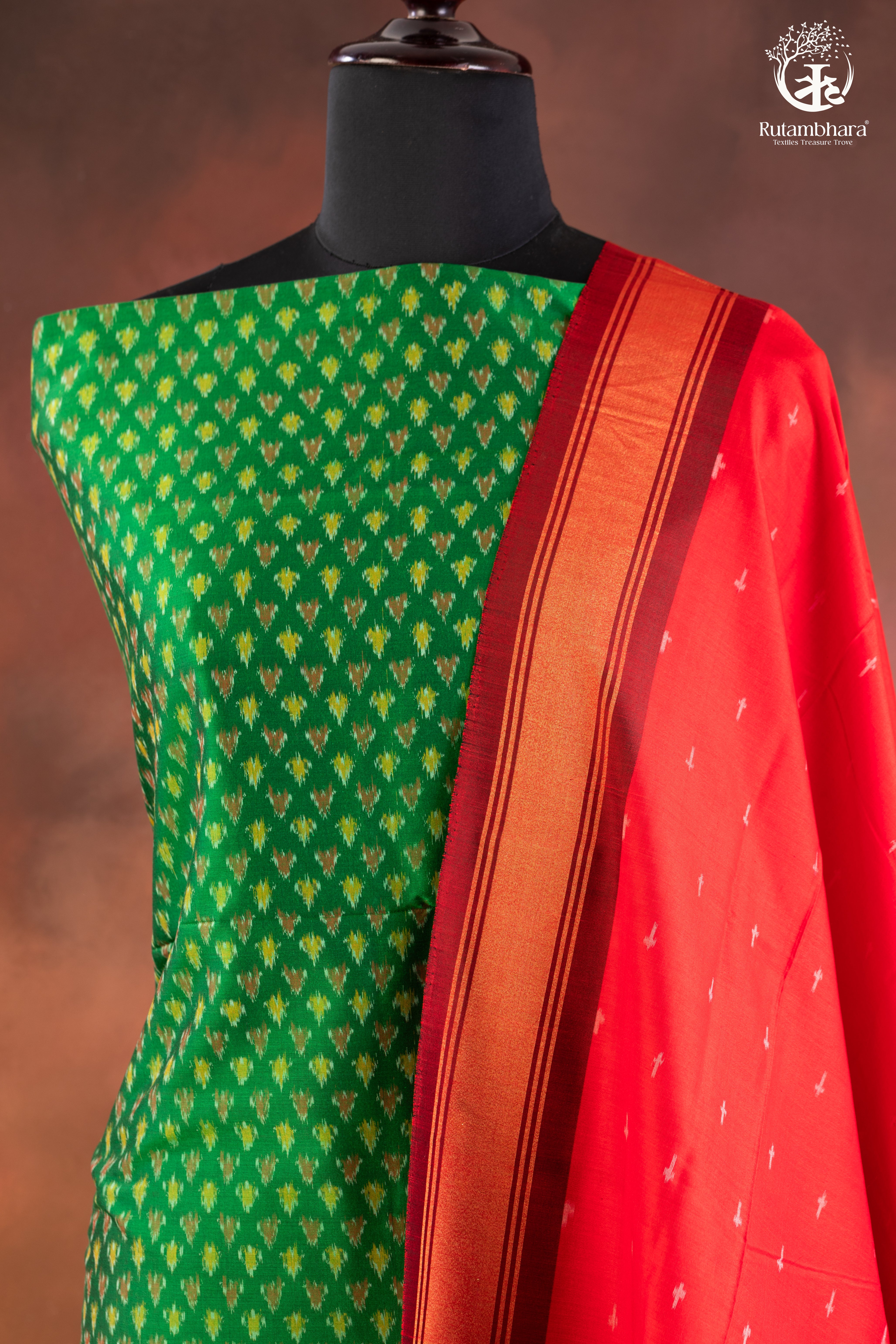 Green Ikat silk Cotton Suit Set with Contrasting Red Dupatta