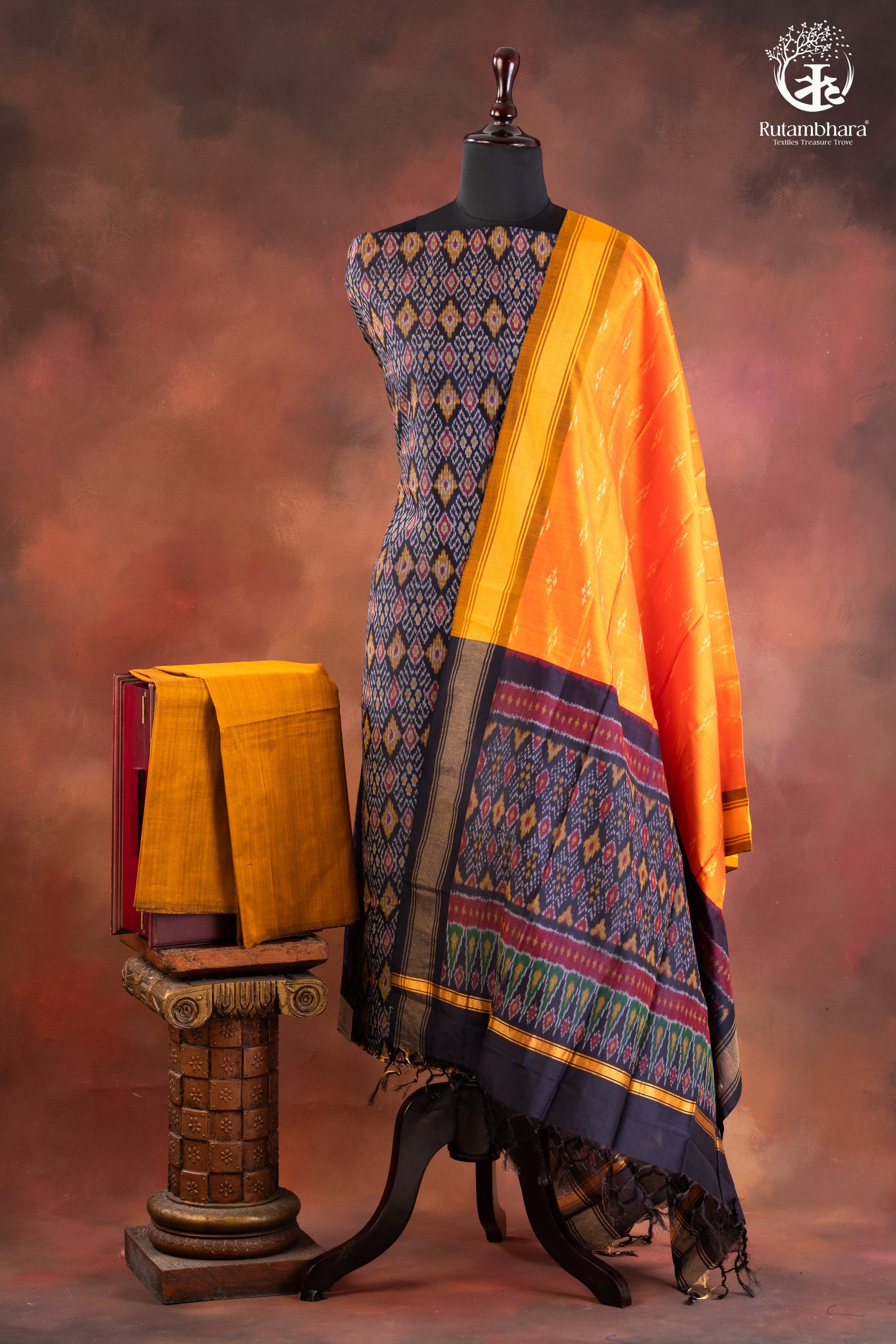 Navy Ikat Silk Cotton Suit Set with Mustard Orange Dupatta-RUTAMBHARA-RUTAMBHARA