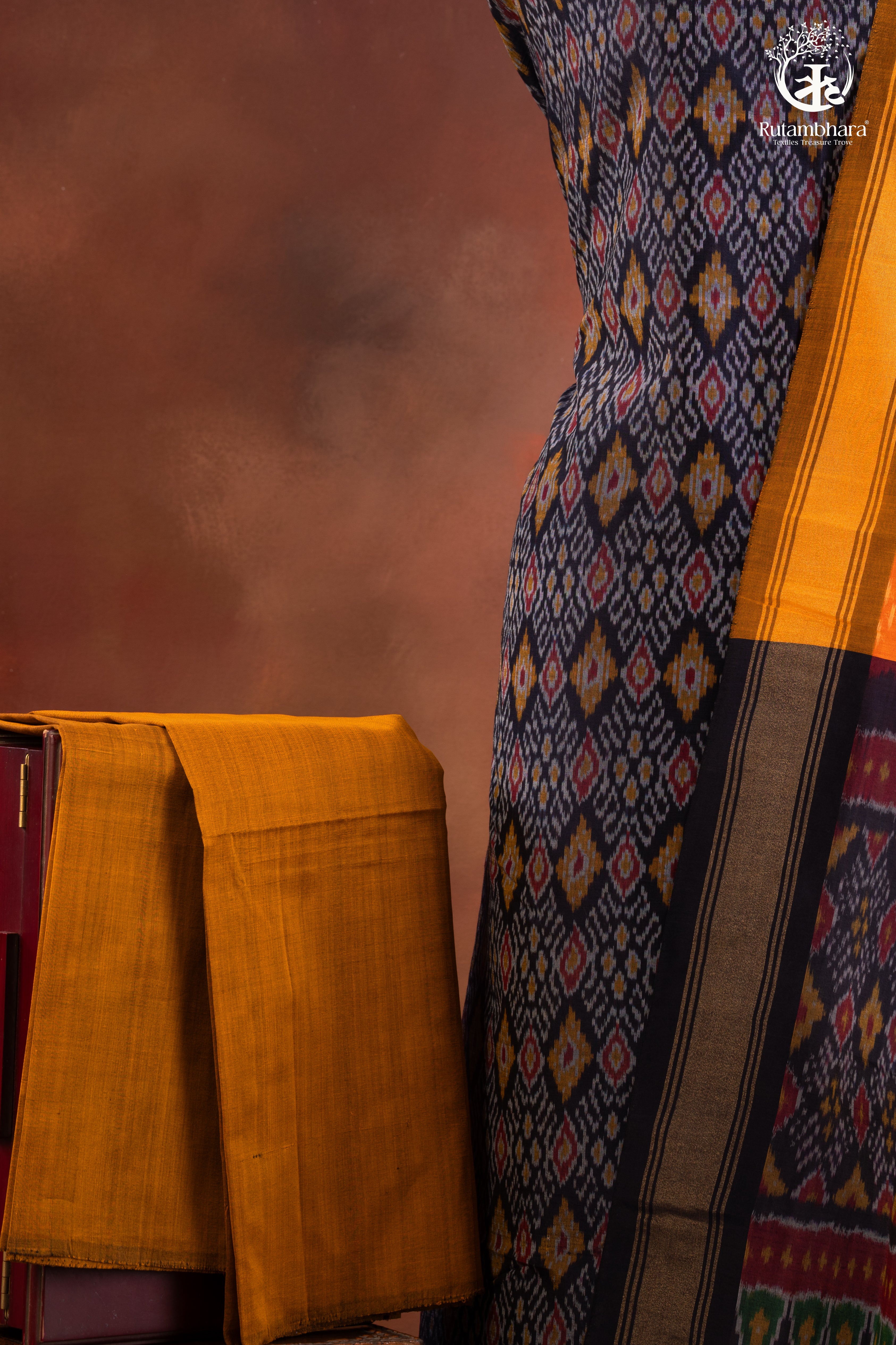 Navy Ikat Silk Cotton Suit Set with Mustard Orange Dupatta