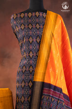 Navy Ikat Silk Cotton Suit Set with Mustard Orange Dupatta-RUTAMBHARA-RUTAMBHARA