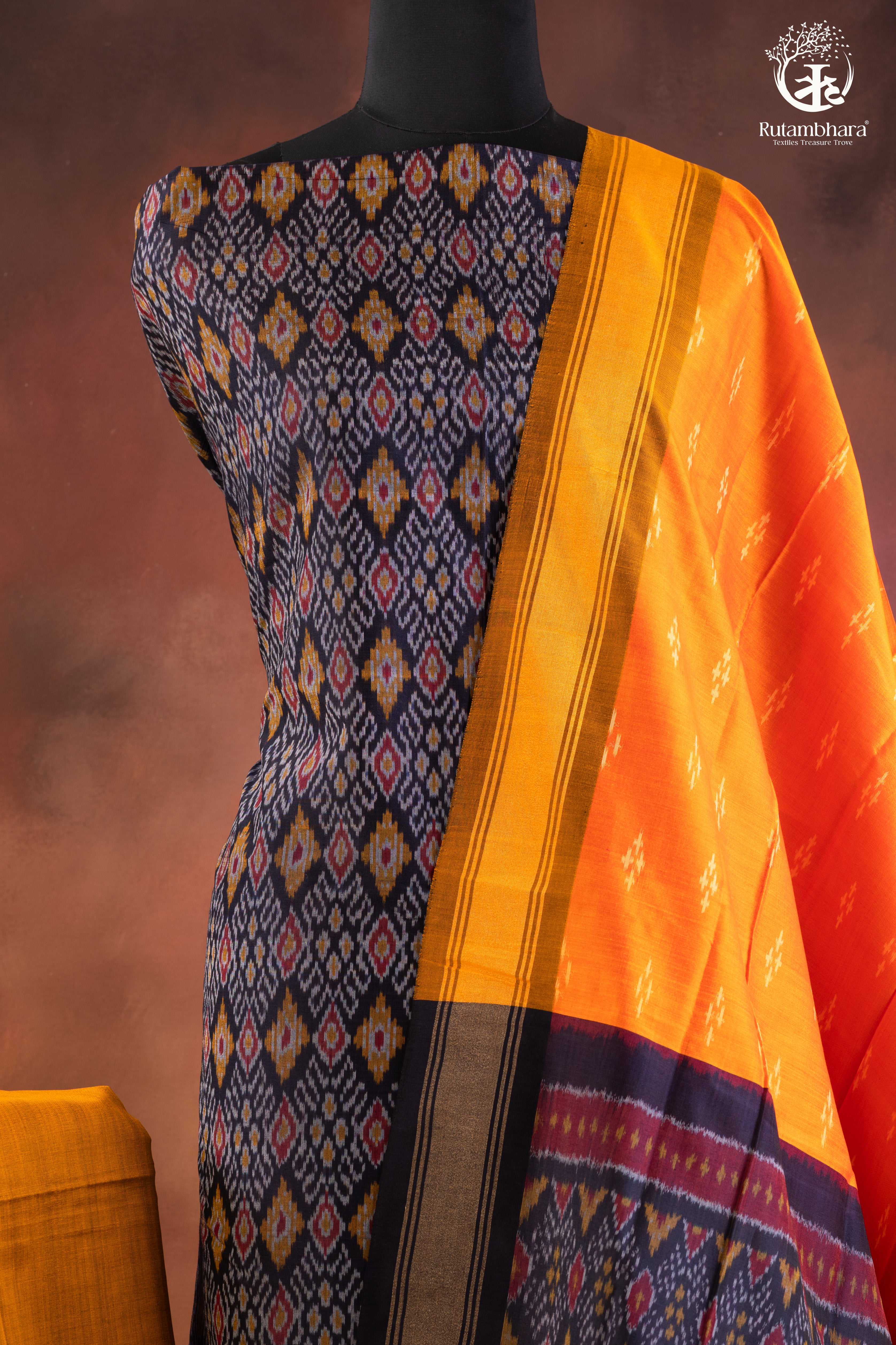 Navy Ikat Silk Cotton Suit Set with Mustard Orange Dupatta