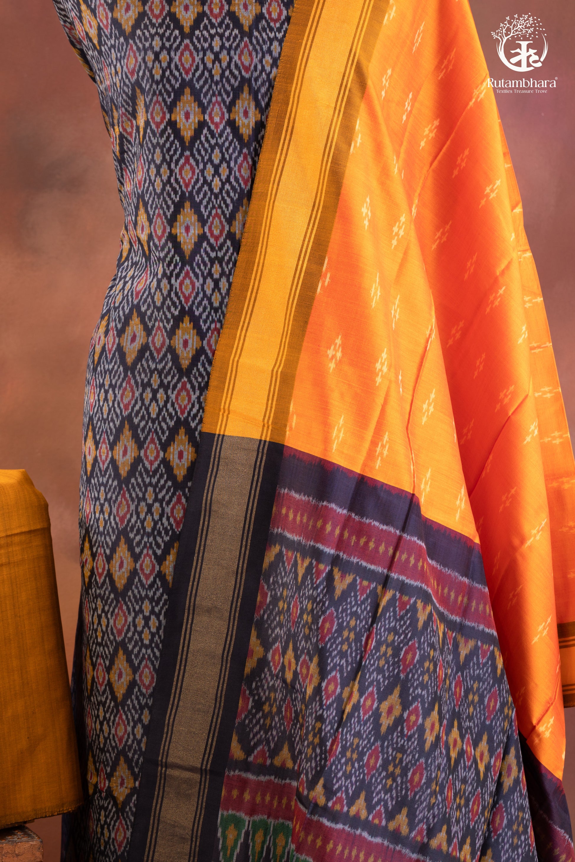 Navy Ikat Silk Cotton Suit Set with Mustard Orange Dupatta-RUTAMBHARA-RUTAMBHARA